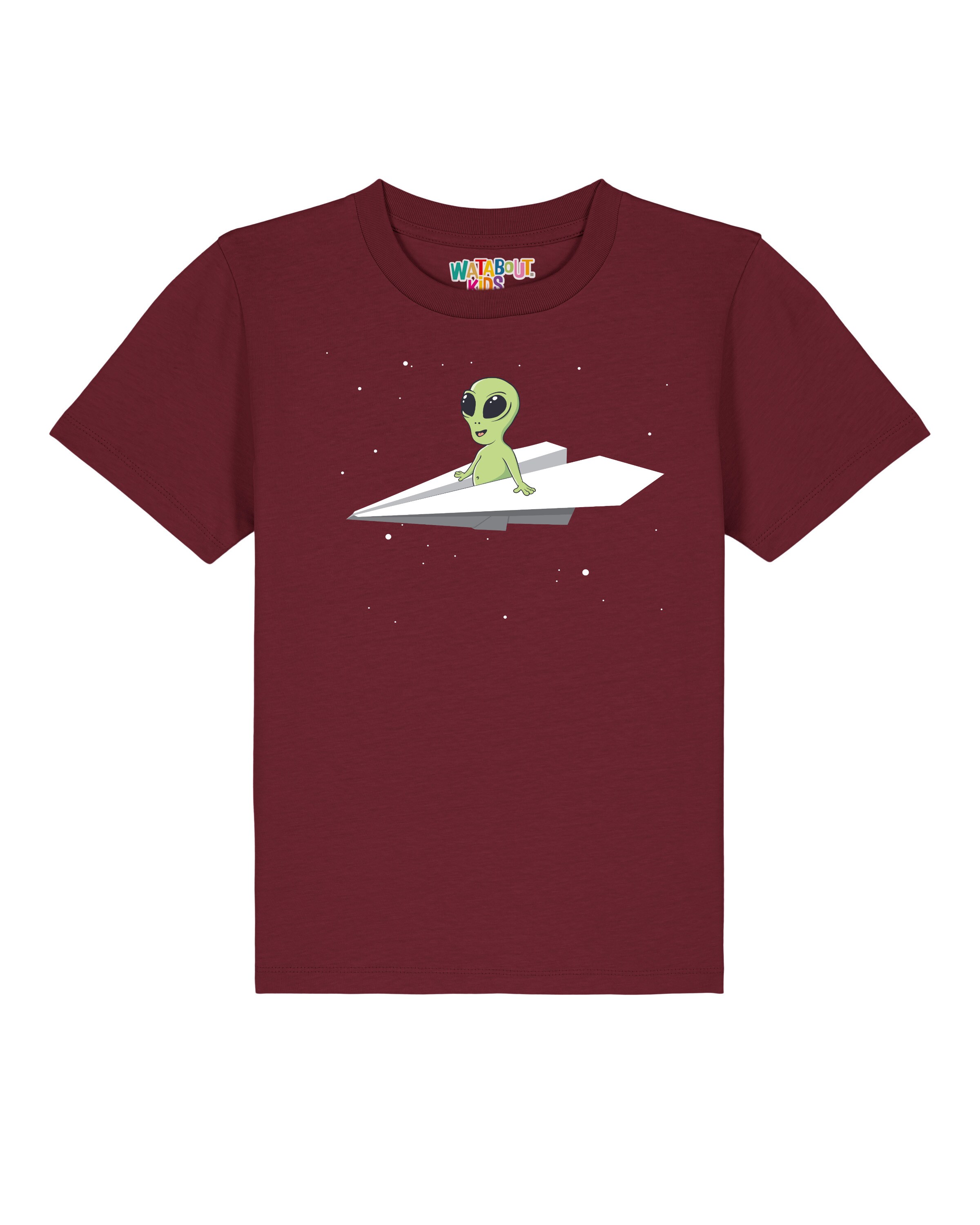 watabout.kids T-Shirt 'Alien On A Paper Plane' in Rot: Vorderseite