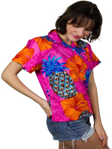 King Kameha Blouse 'Pineapple Hibiscus Shadow Line' in Pink