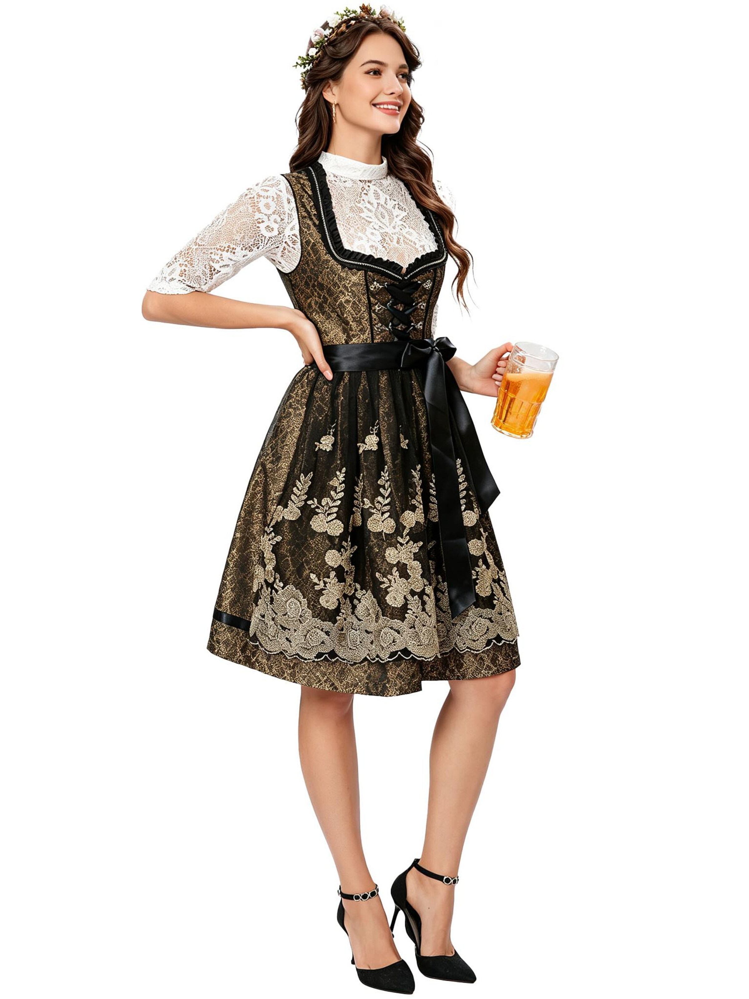 KoJooin Dirndl 'Damen Dreiteiliges Oktoberfest Set Kleid,Spitzenbluse mit Blumenmotiv goldbestickte Tüllschürze'‌ in Schwarz