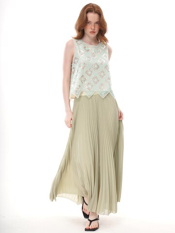 yoligex Top 'Mint Green Geometric Floral Beaded Sequin Mesh Sleeveless Top, Round Neck Irregular Pointed Hem Sheer Vest' w kolorze zielony