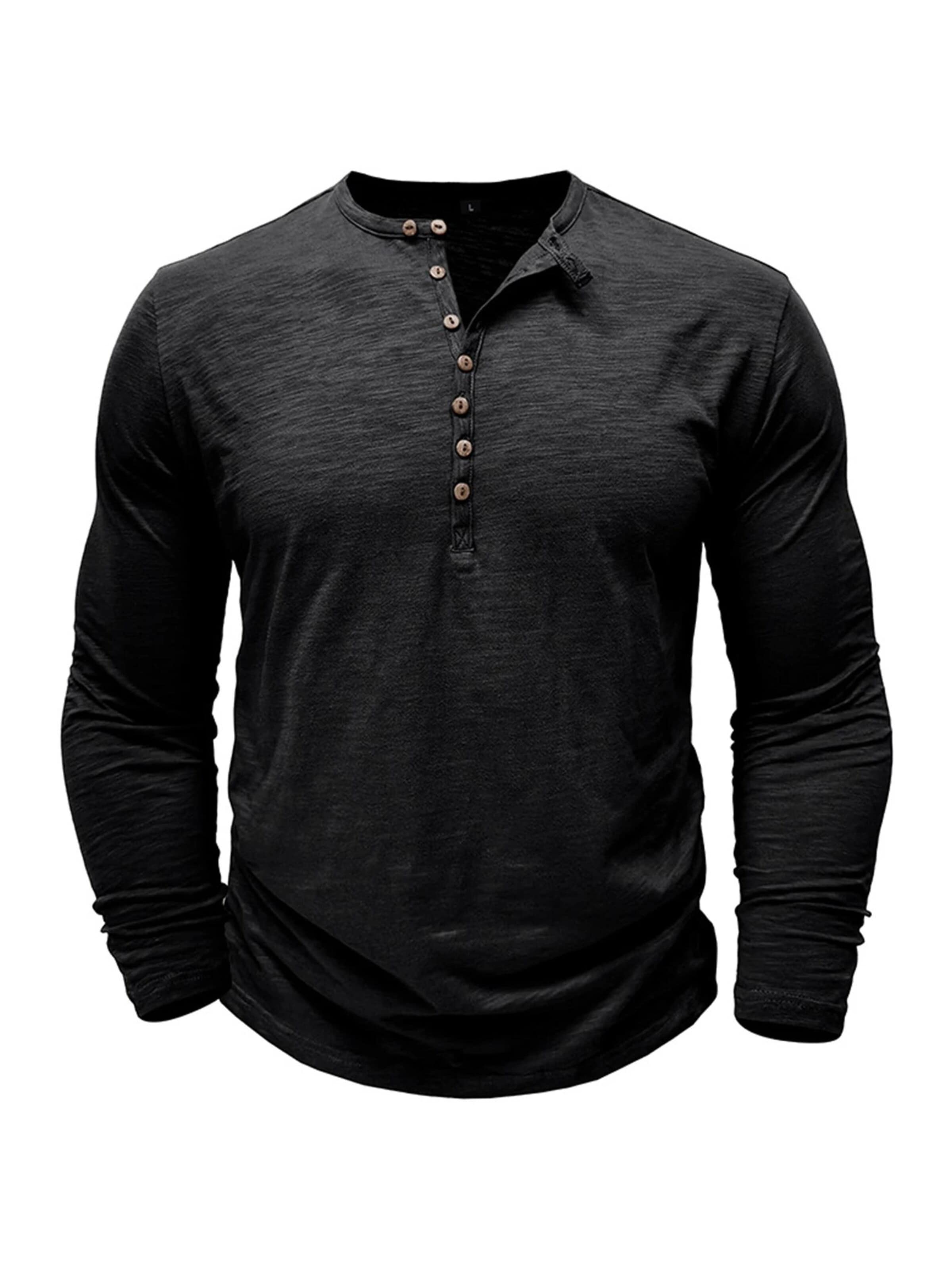 KoJooin Koszulka 'Herren Henley-Shirts, Langarm-T-Shirts, lässige, leichte Mode, Pullover-Shirt mit Knöpfen' w kolorze czarny