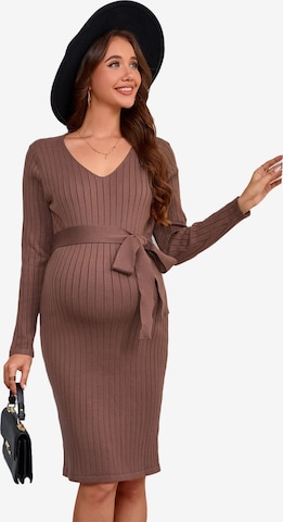 KoJooin Sukienka 'Umstandsstrickkleid mit V-Ausschnitt,Langarm und Taillengürtel – Bequemes Rippstrick-für Schwangere' w kolorze brązowy: przód