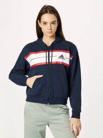 Bluză cu fermoar sport 'Essentials Pinstripe Block Fleece Loose Fit' de la ADIDAS SPORTSWEAR pe albastru: față