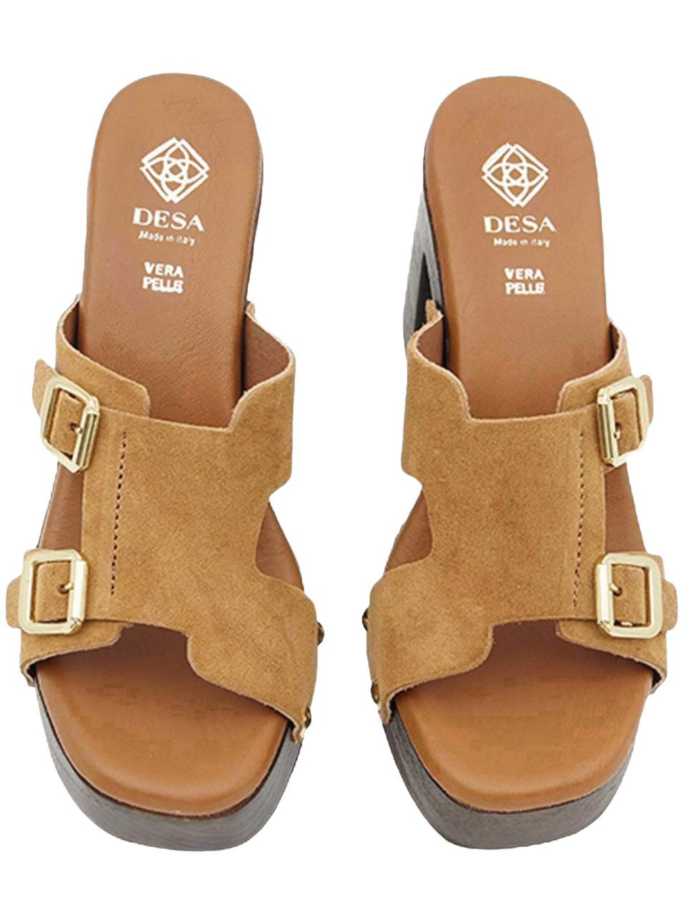 Desa - Zapatillas de casa 'DESA Damen-Plateausandalen aus Wildleder mit Doppelschnalle' en marrón
