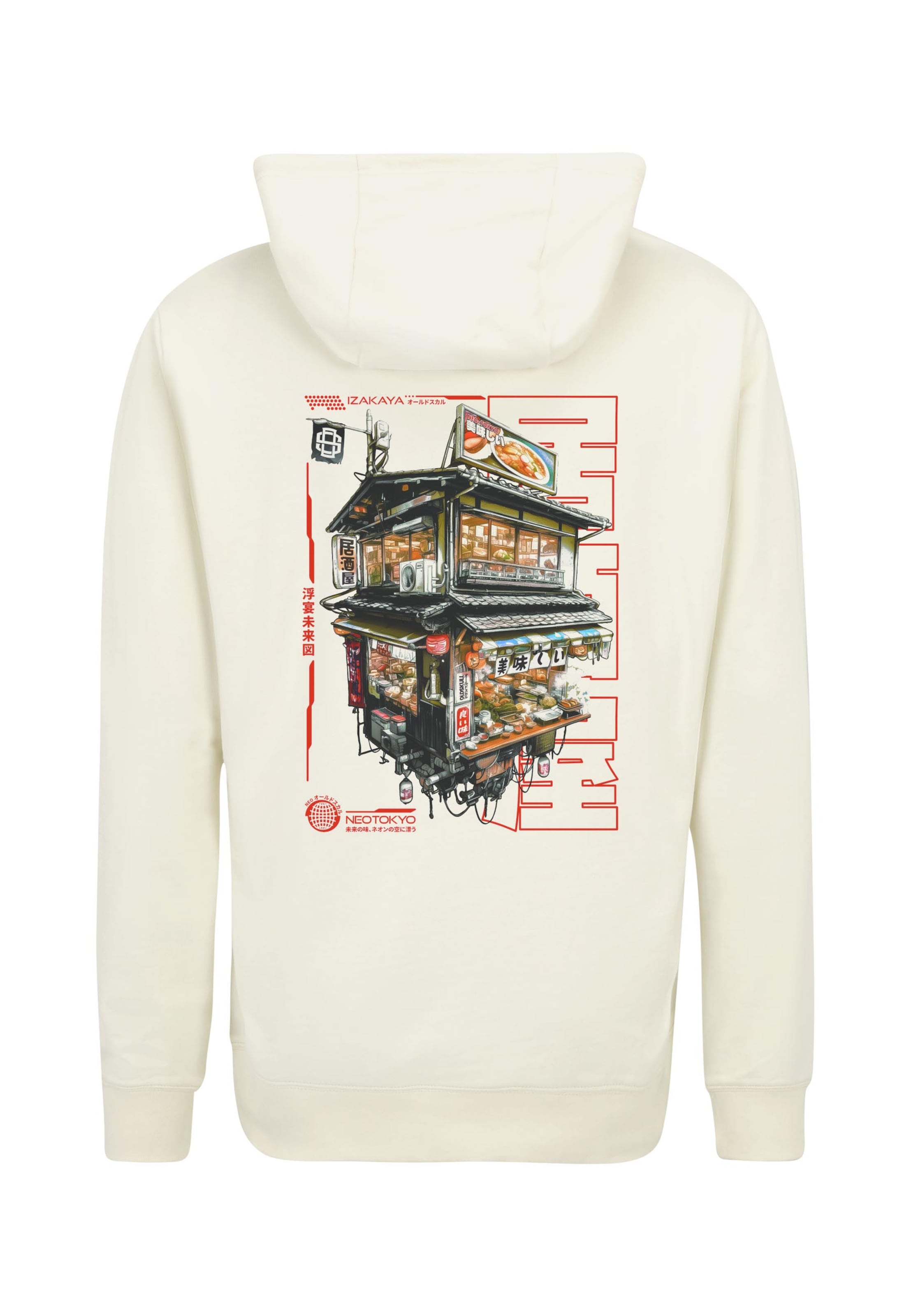 Oldskull Kapuzensweater 'Asian Neo Tokyo Floating Izakaya Graphic' in Weiß: Vorderseite