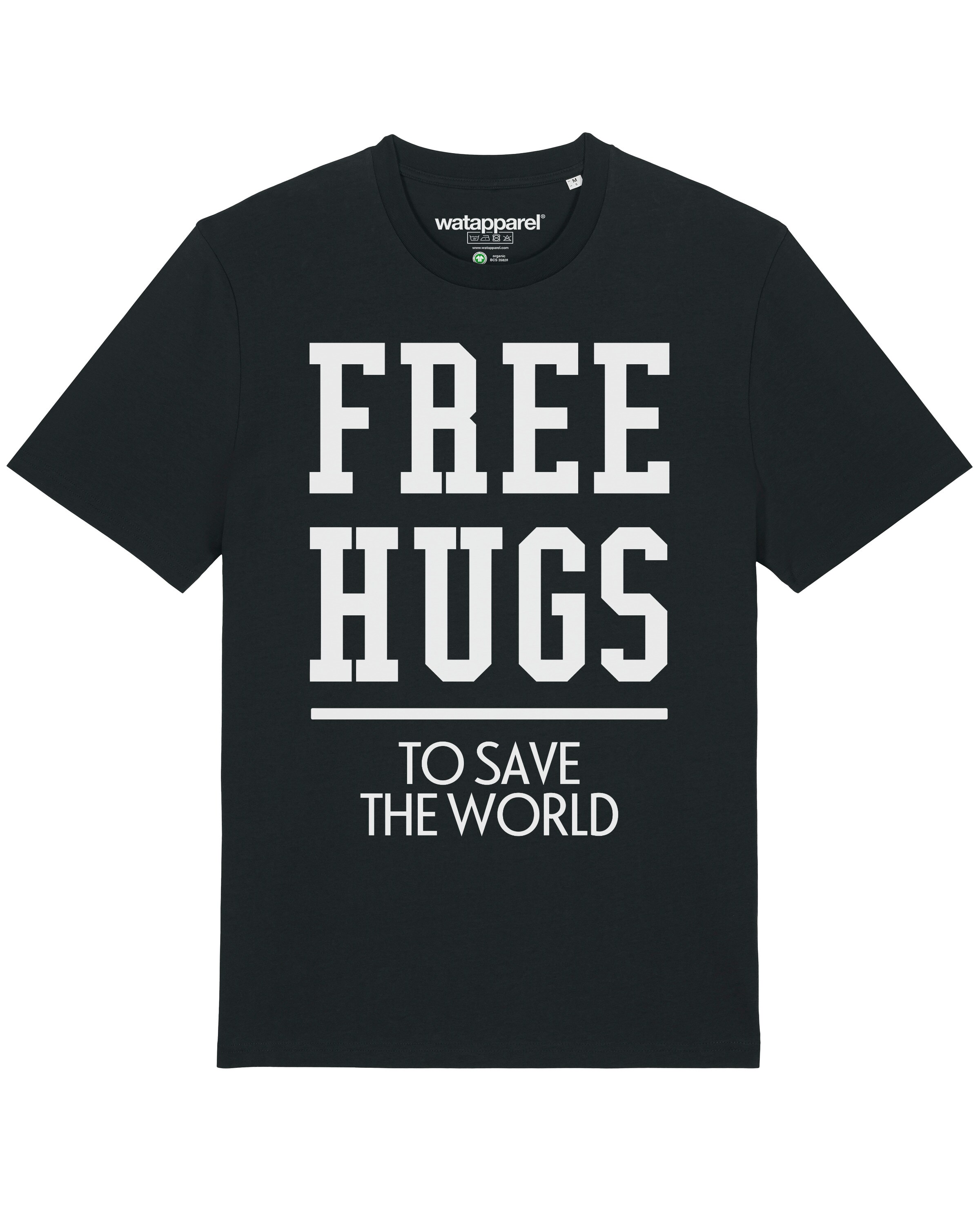 T-Shirt ' Free hugs to save the world ' Watapparel en noir : devant