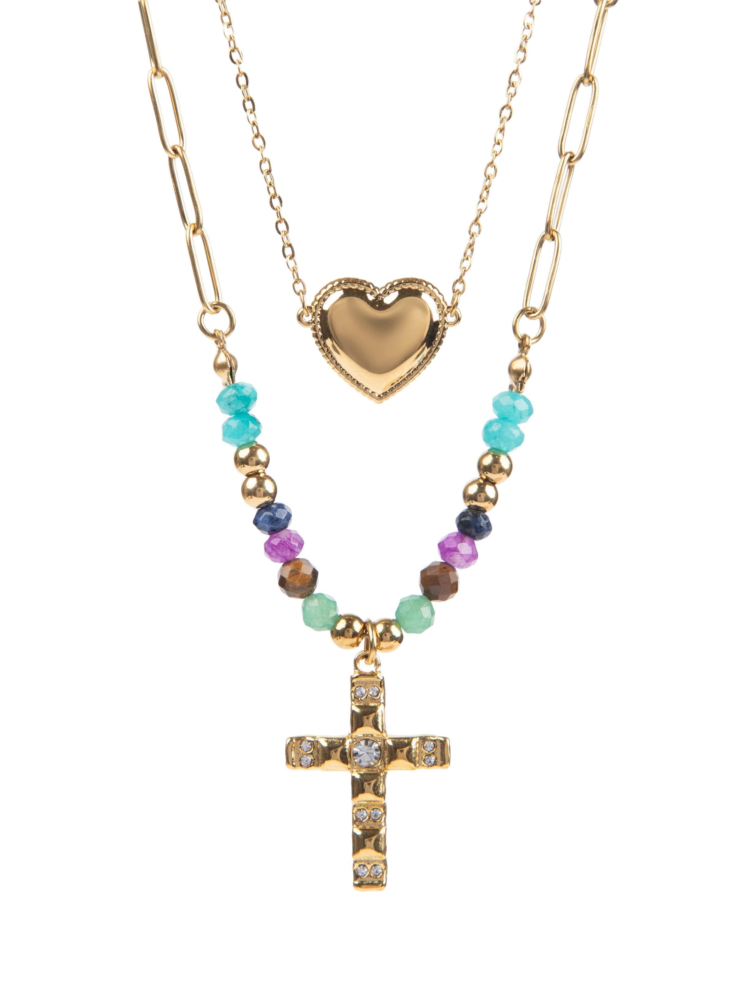 MayTree Necklace 'Edelstahl Kettenset 18K vergoldet  Kreuz und Herz' in Gold