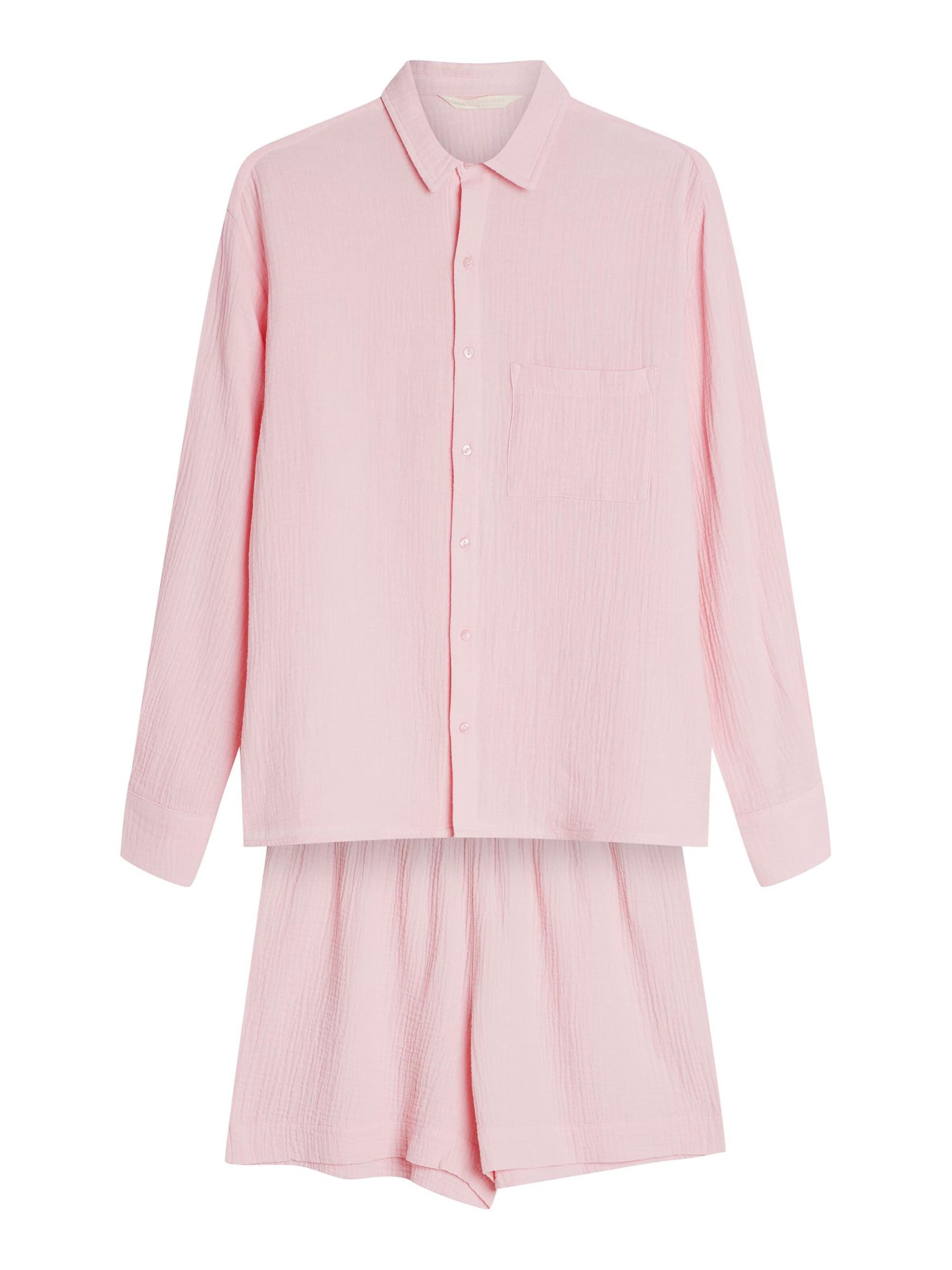 Henderson Pajama 'Schlafanzug Langarm Hemdkragen Musselin Print unifarben Eleni' in Pink: front