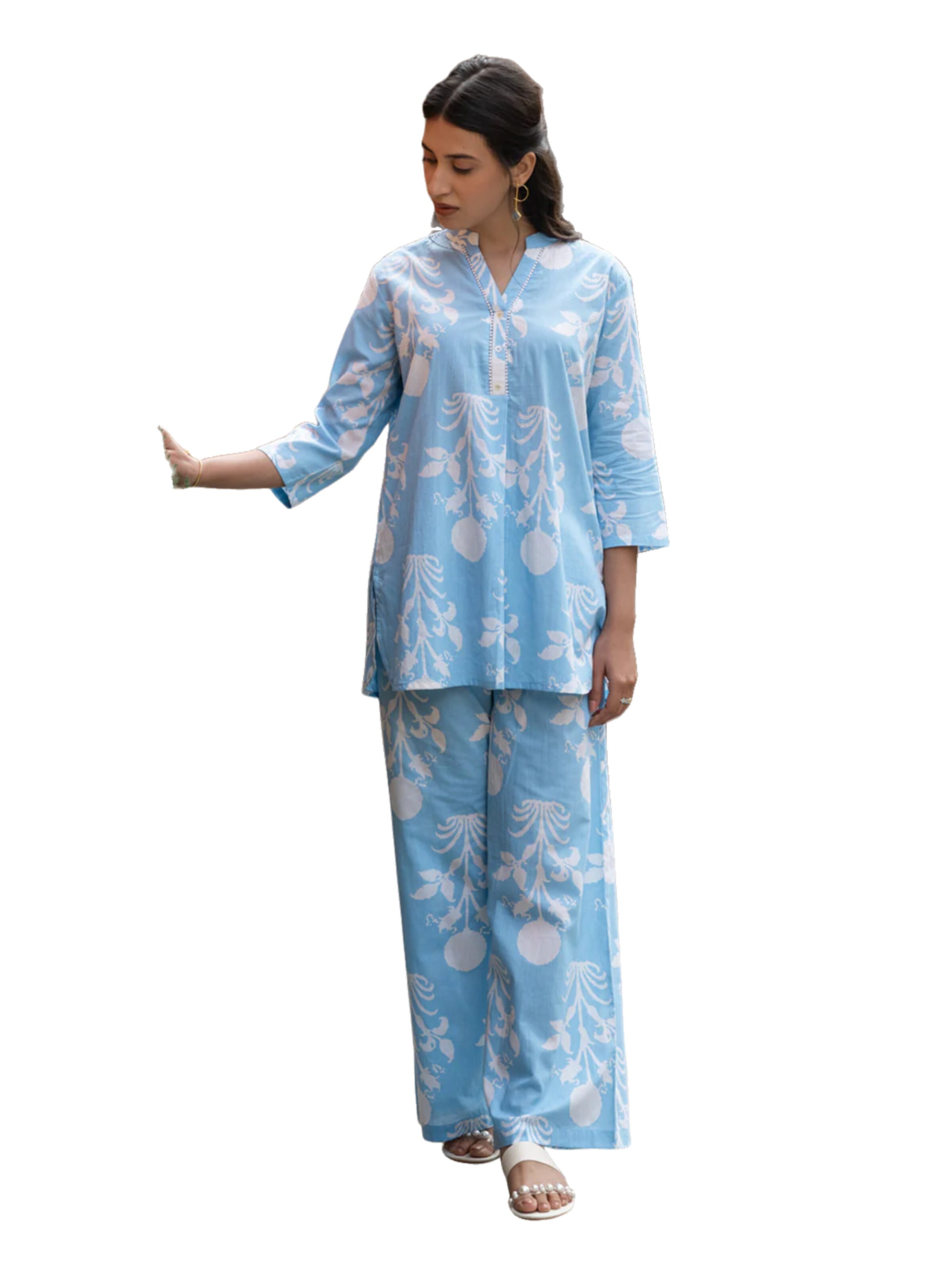 PfauGermany Tunic 'FIORRA Women's Sky Blue Cotton Printed Co-ord Set' in Sky blue, Item view