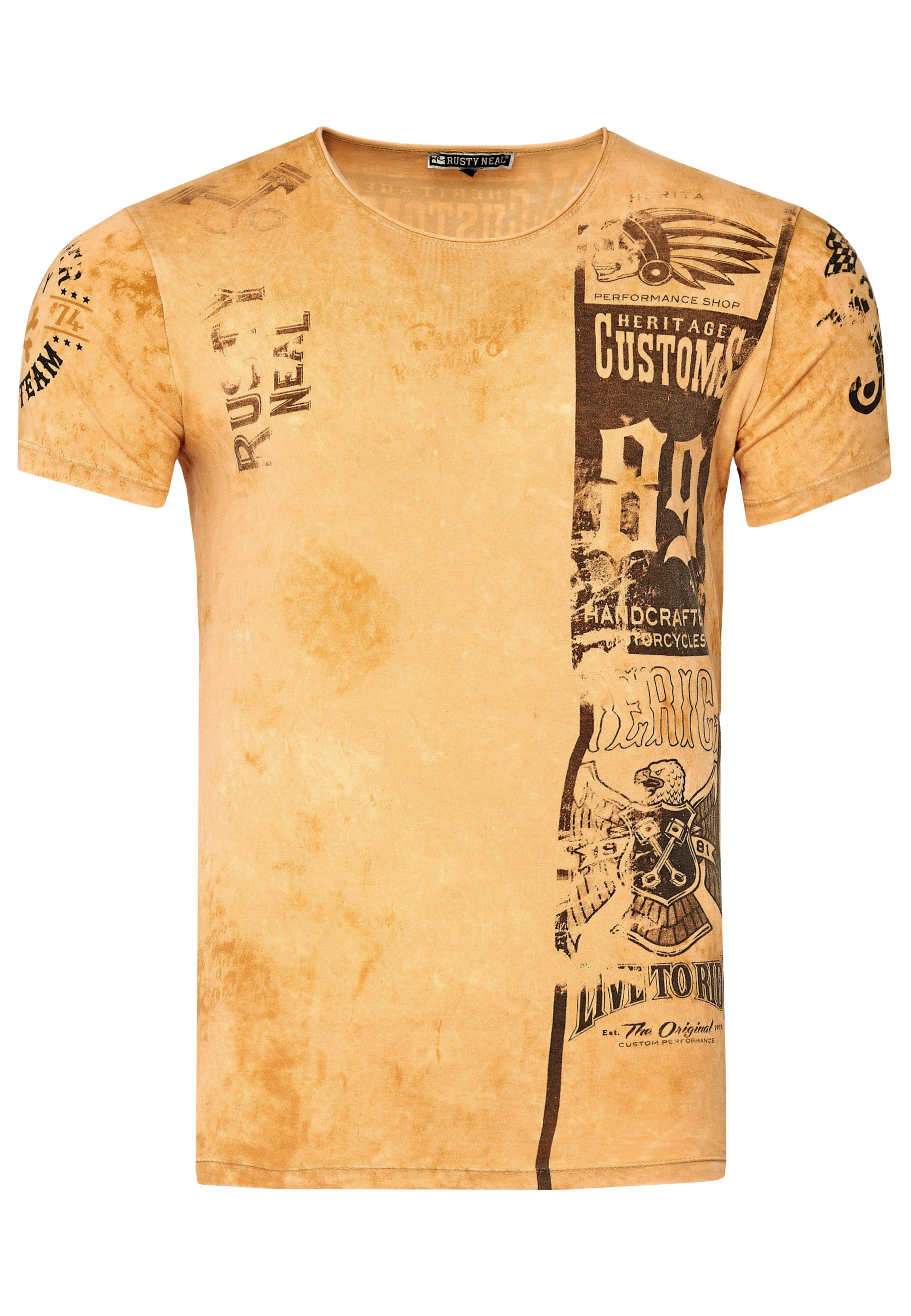 Rusty Neal T-Shirt mit modernem Front & Back Print in Braun: Vorderseite
