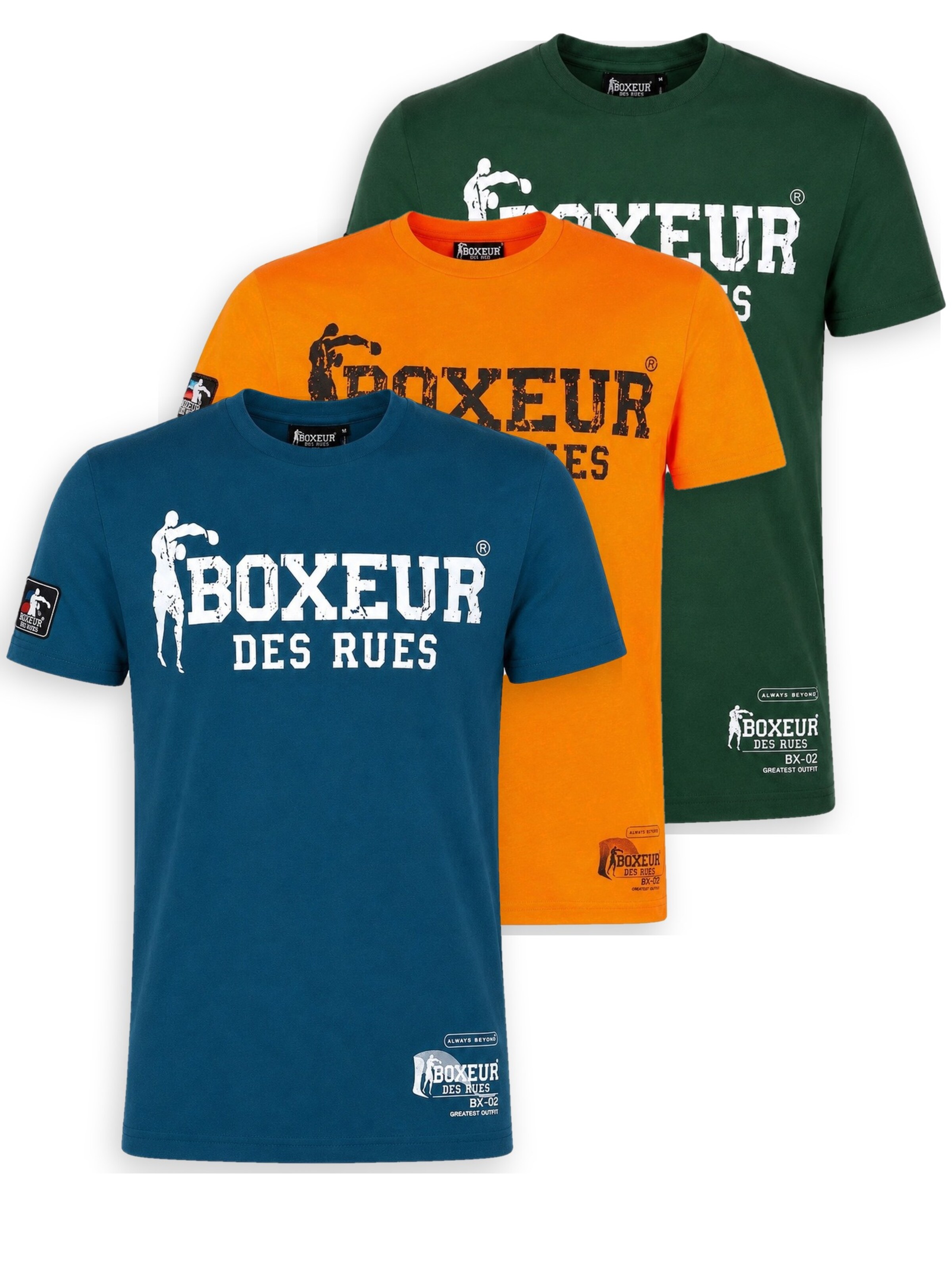 Boxeur des Rues Shirt 'Herren T-Shirt 3er-Pack Boxeur des Rues Slim Fit: Blau, Weißes Logo + Orange, Schwarzes Logo + Dunkelgrün, Weißes Logo'‌‌‌‌‌‌‌ in Mischfarben: Vorderseite