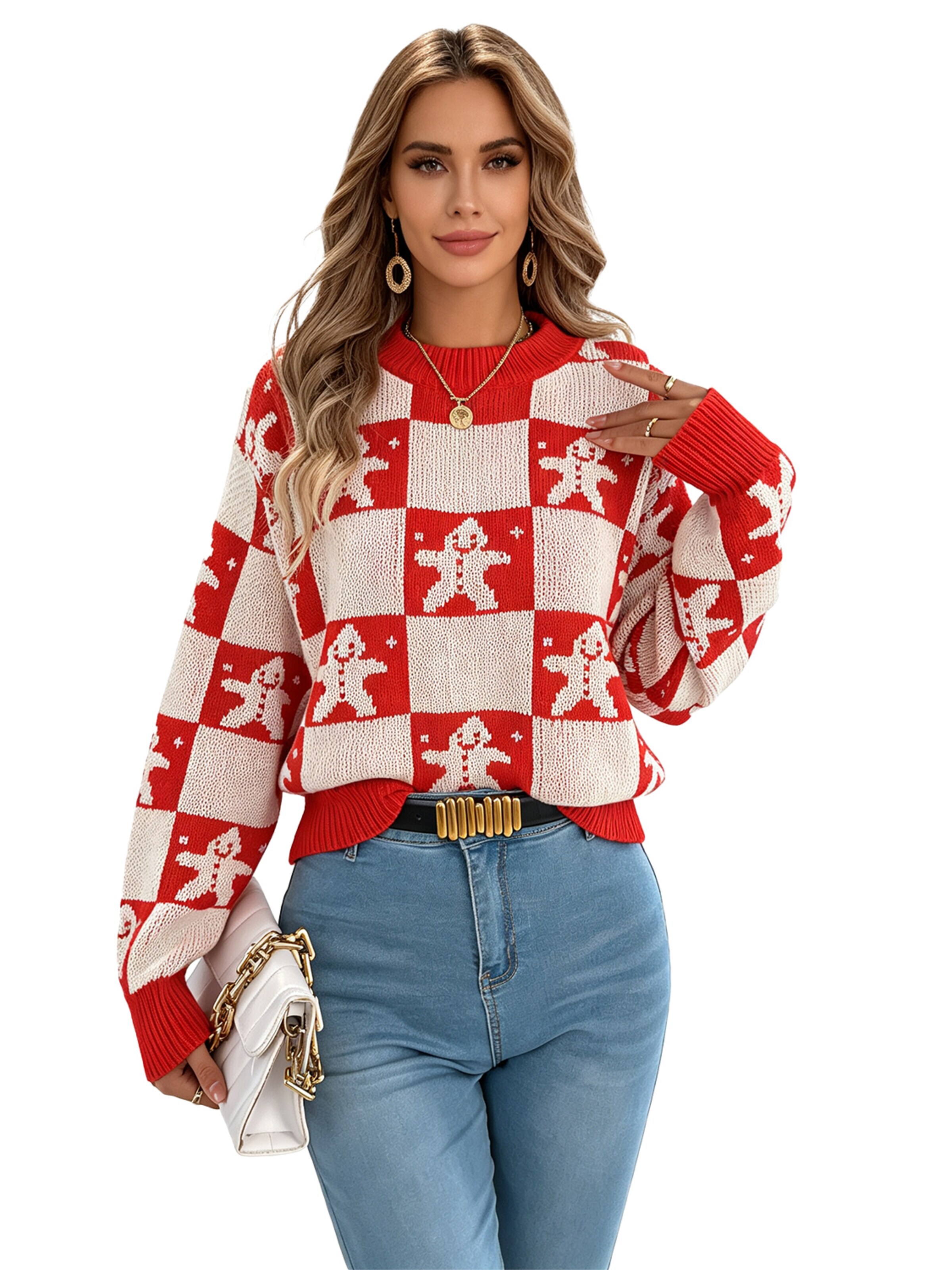 KoJooin Pullover 'Damen Weihnachtspullover mit Rentier- und Karomuster – Gemütlicher Langarm-Pullover mit Puffärmeln' in Rot