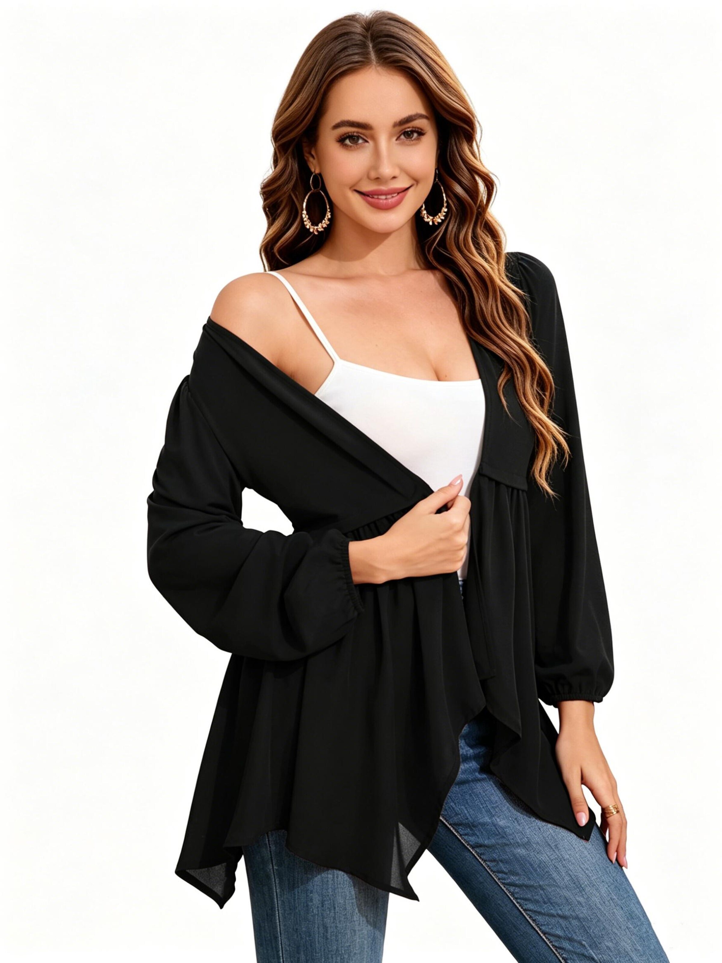 KoJooin Marynarka 'Damen-Cardigan mit drapierter Vorderseite, langen Ärmeln und asymmetrischem Wasserfallsaum, leicht' w kolorze czarny