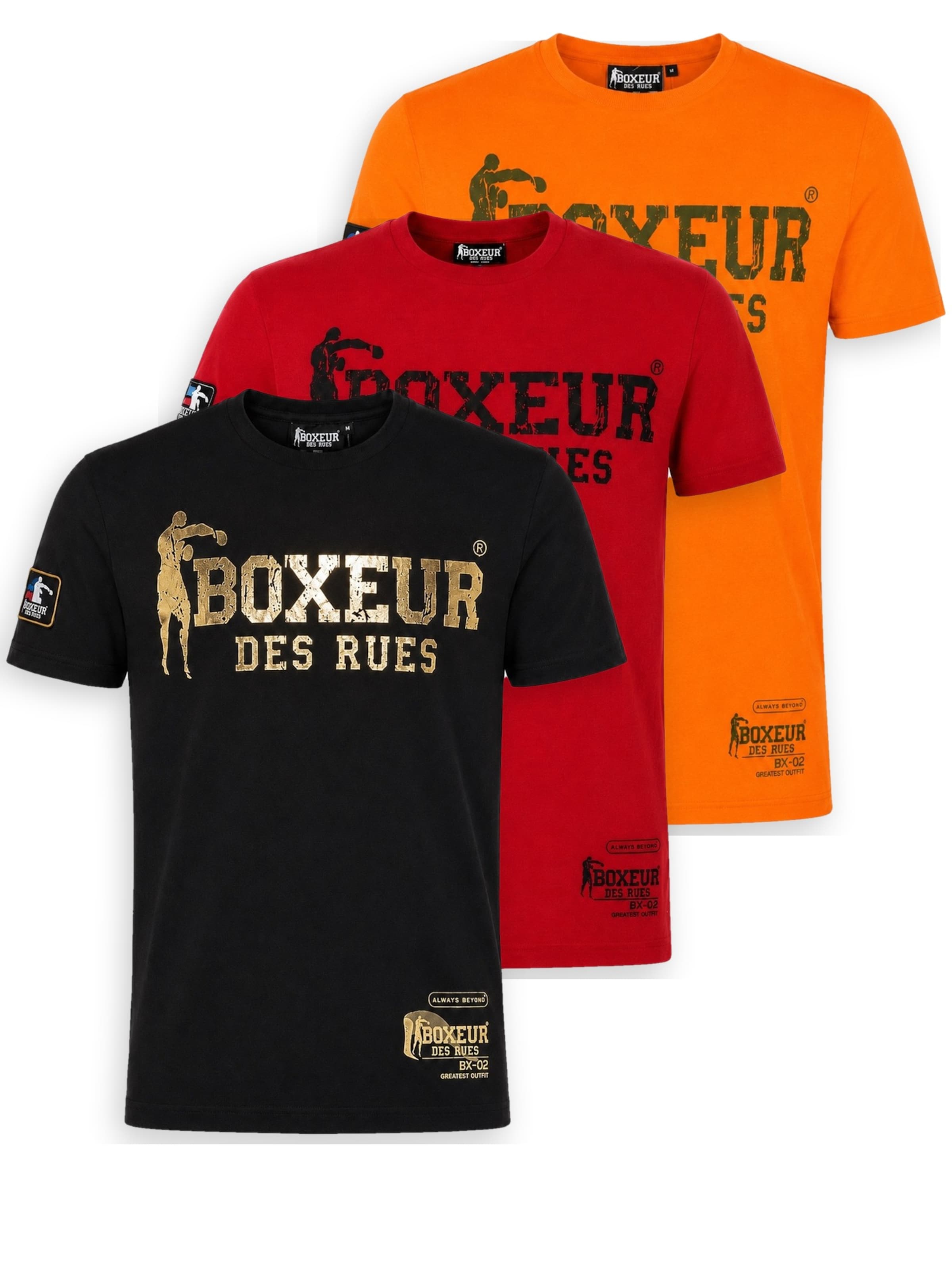 Boxeur des Rues Shirt 'Herren T-Shirt 3er-Pack Boxeur des Rues Slim Fit: Schwarz, Goldenes Logo + Rot, Schwarzes Logo + Intensives Orange'‌‌‌‌‌‌ in Mischfarben: Vorderseite