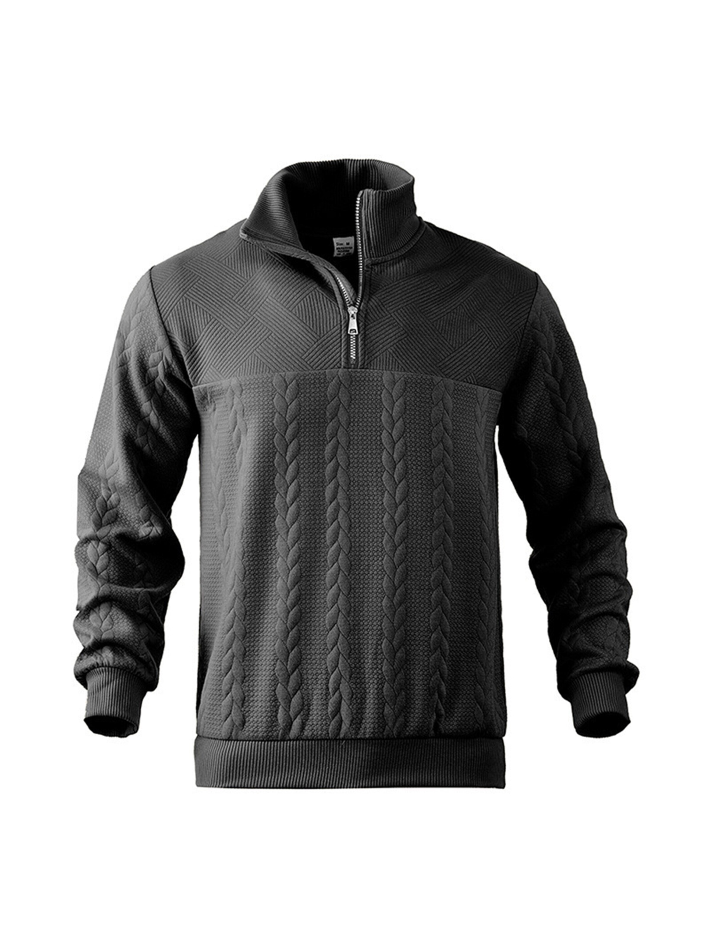 KoJooin Sweater 'Herren Pullover mit 1/4-Reißverschluss und Kabelstrick – Langarm, Stehkragen, Reguläre Passform' in Black: front