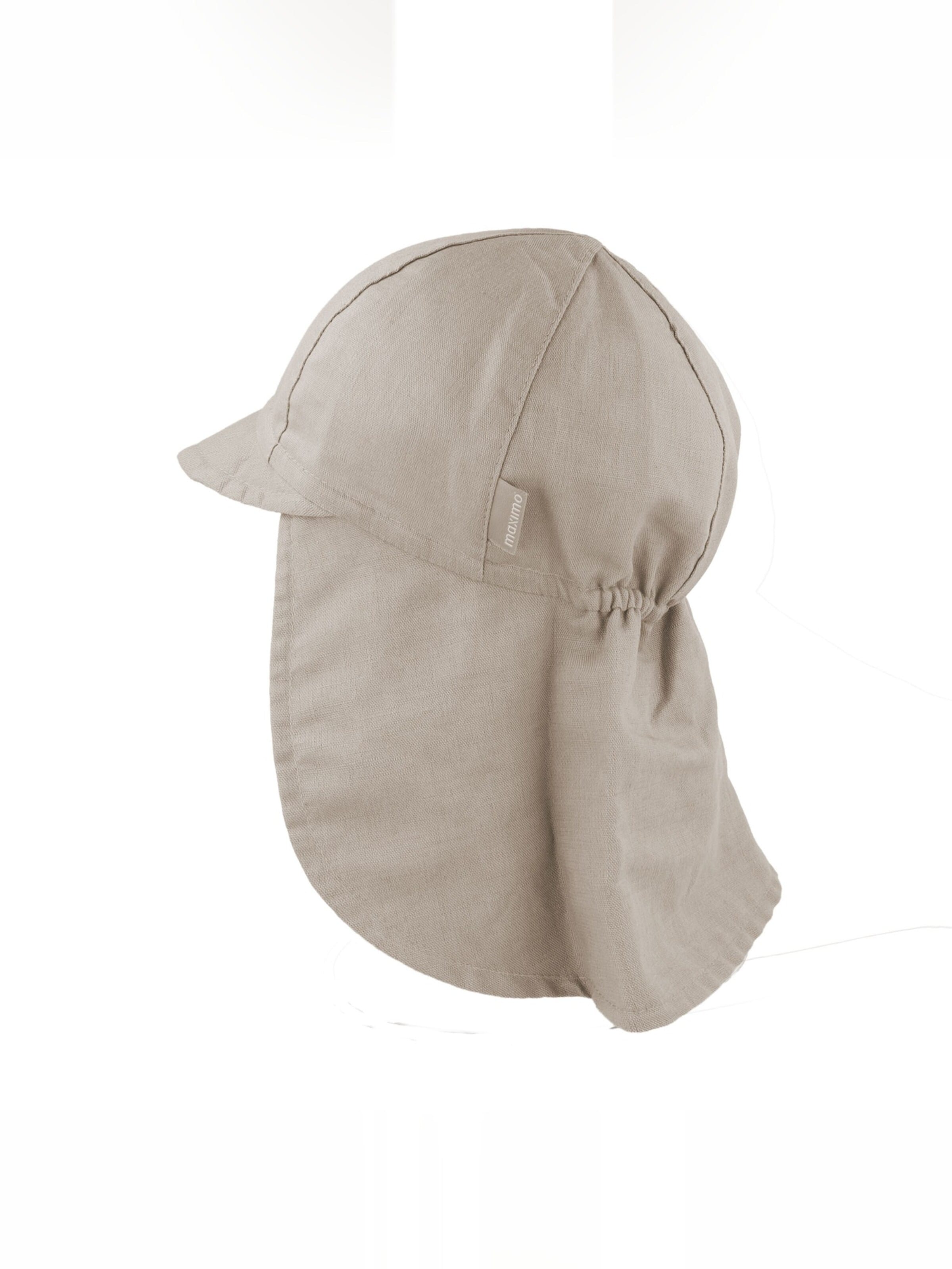 MAXIMO Beanie 'GOTS MINI-Nackenschutzmütze uni, Leinenoptik, Bindeband, Futter' in Beige