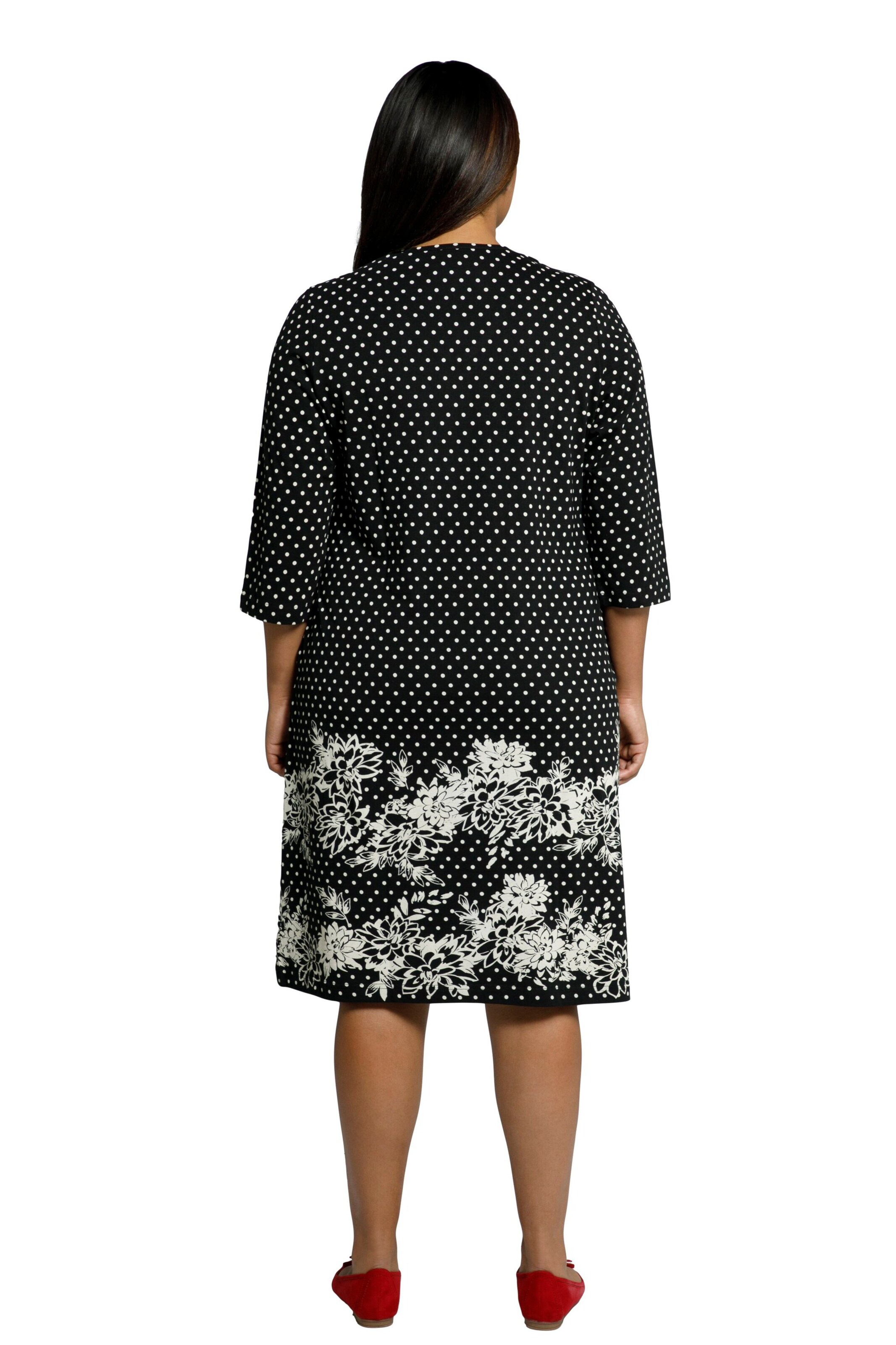 Frauen Große Größen Ulla Popken Ulla Popken Damen große Größen Midikleid, Punkte, Blütensaum 3/4-Arm 799874 in Schwarz - WI53154 Frauen Große Größen Ulla Popken Ulla Popken Damen große Größen Midikleid, Punkte, Blütensaum 3/4-Arm 799874 in Schwarz - WI53154