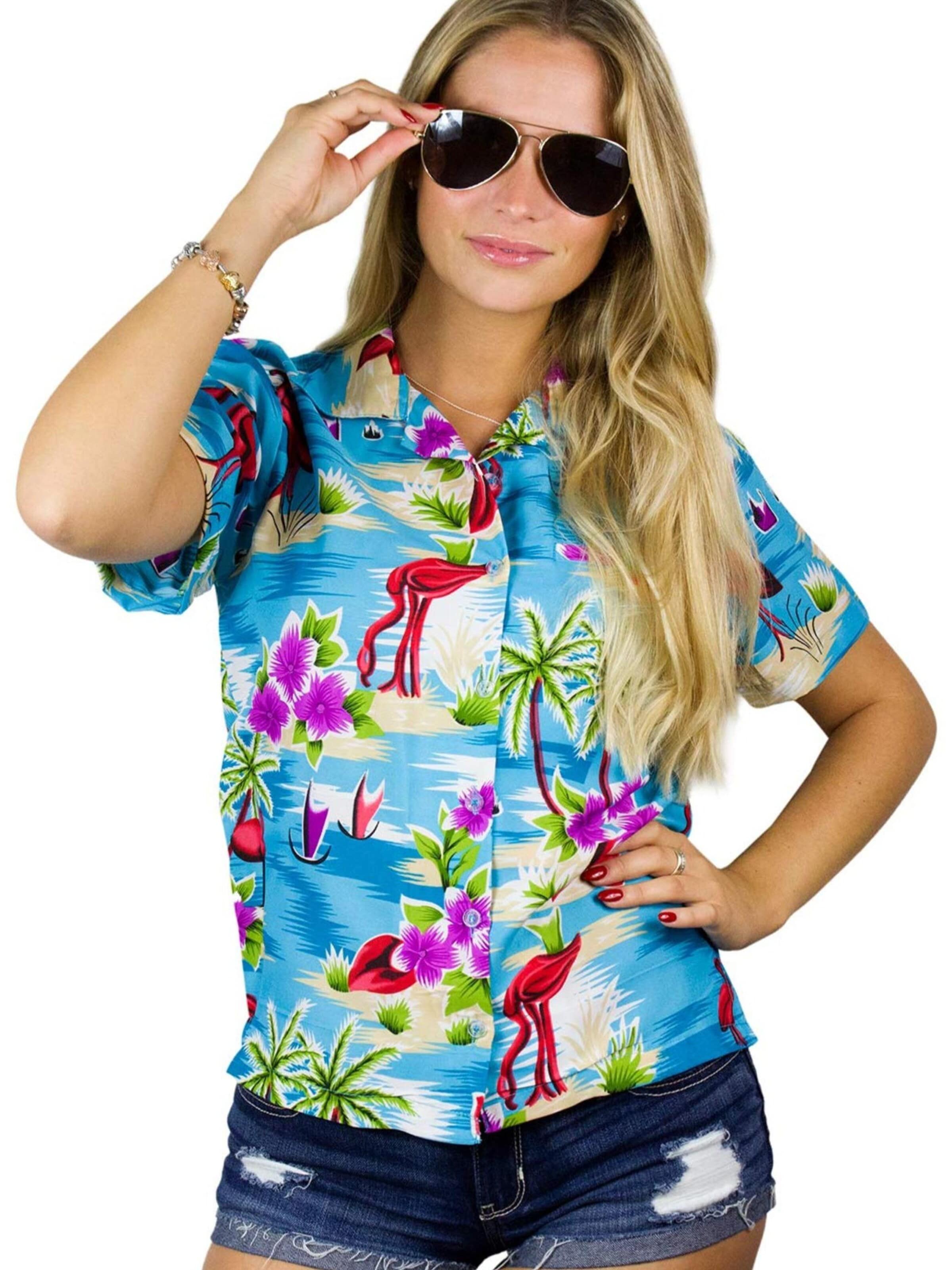 Camicia da donna 'Flamingos' di King Kameha in blu: frontale
