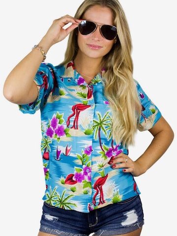 King Kameha Blouse 'Flamingos' in Blauw: voorkant
