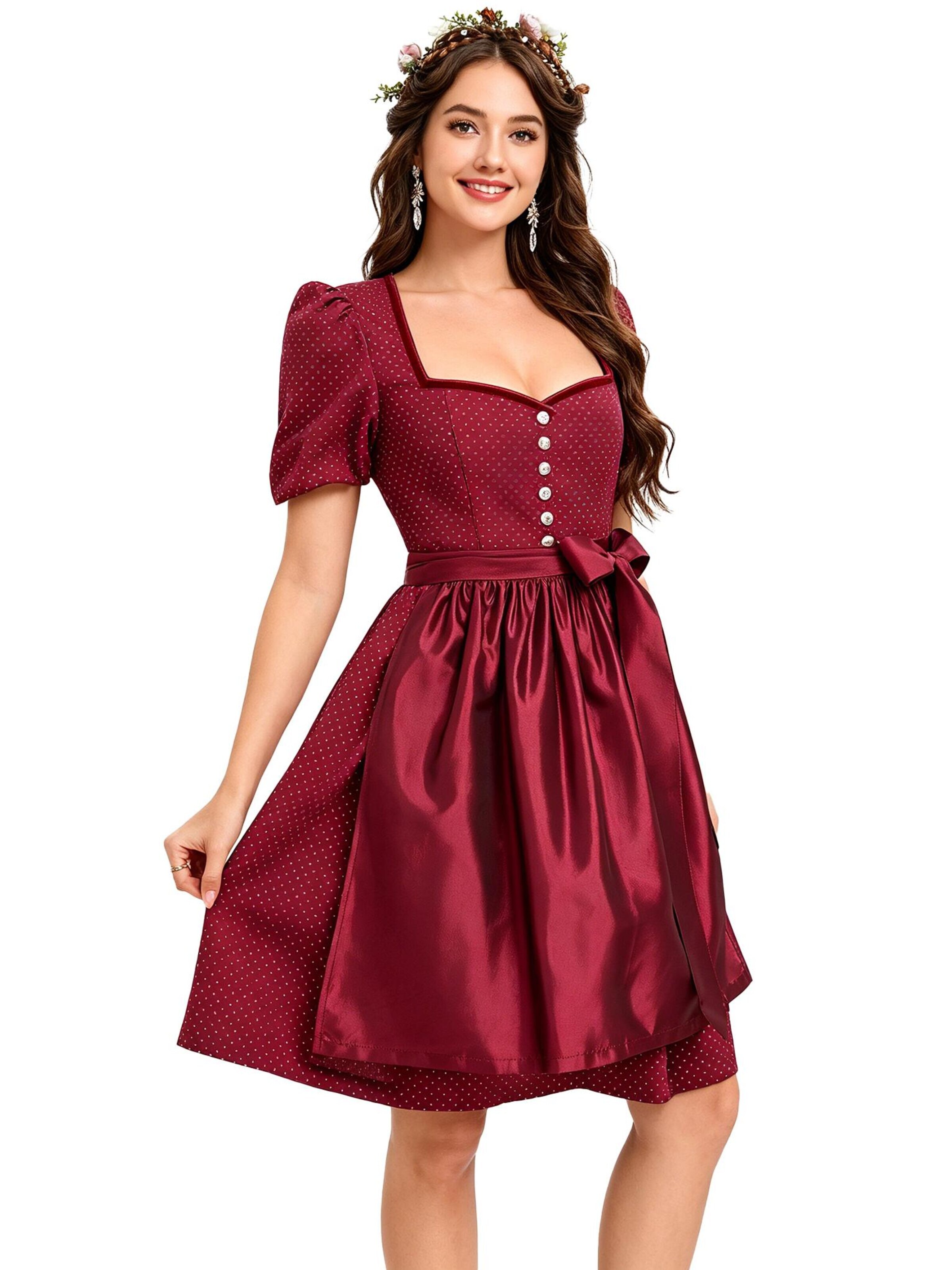 KoJooin Dirndl 'Damen 2-Teiliges Dirndl-Stil Set Mit Puffärmeln, Knopfleiste Und Schürze' w kolorze czerwony