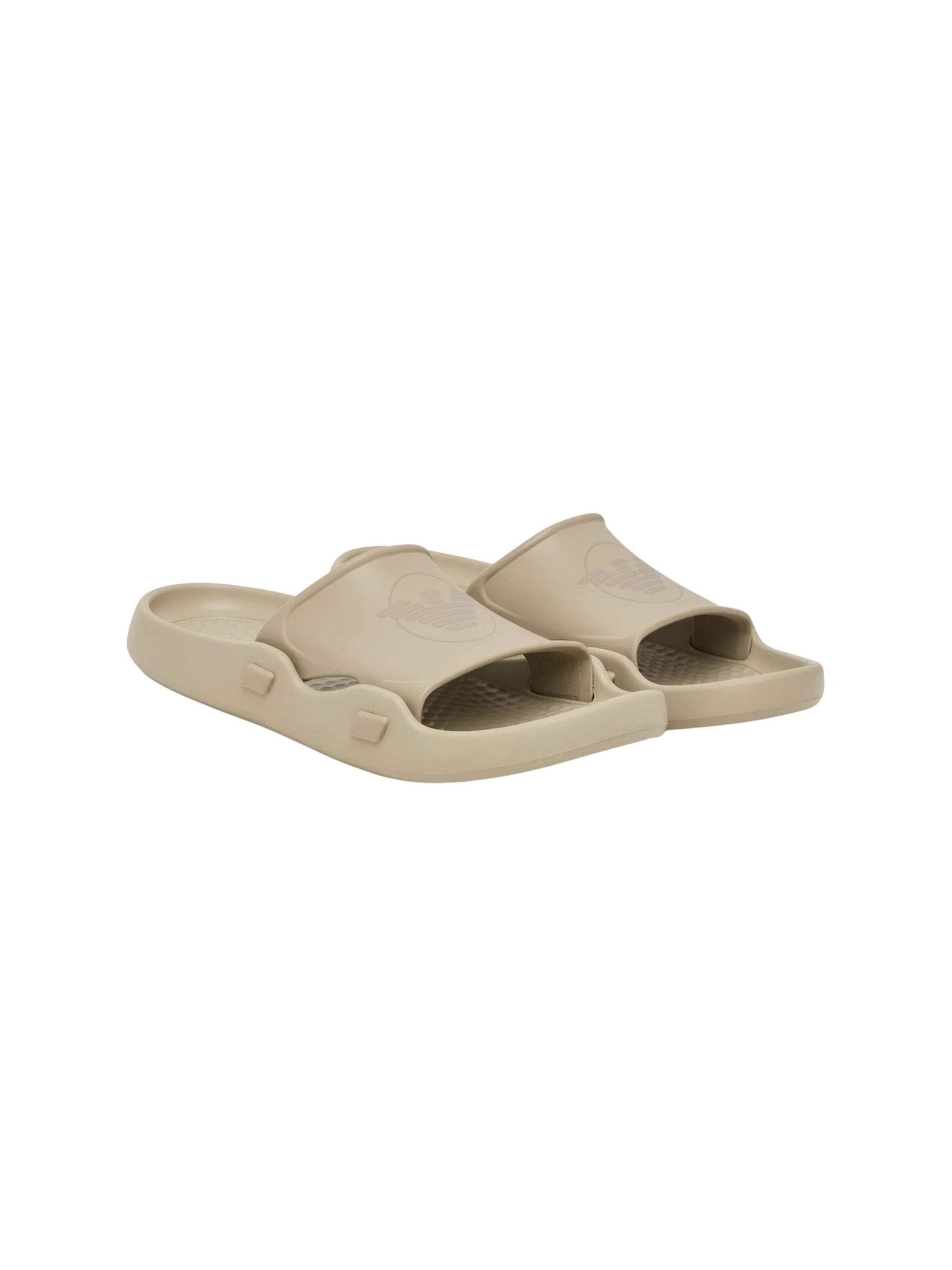 Emporio Armani Muiltjes 'Eagle-Embossed Shaped Sliders' in Beige