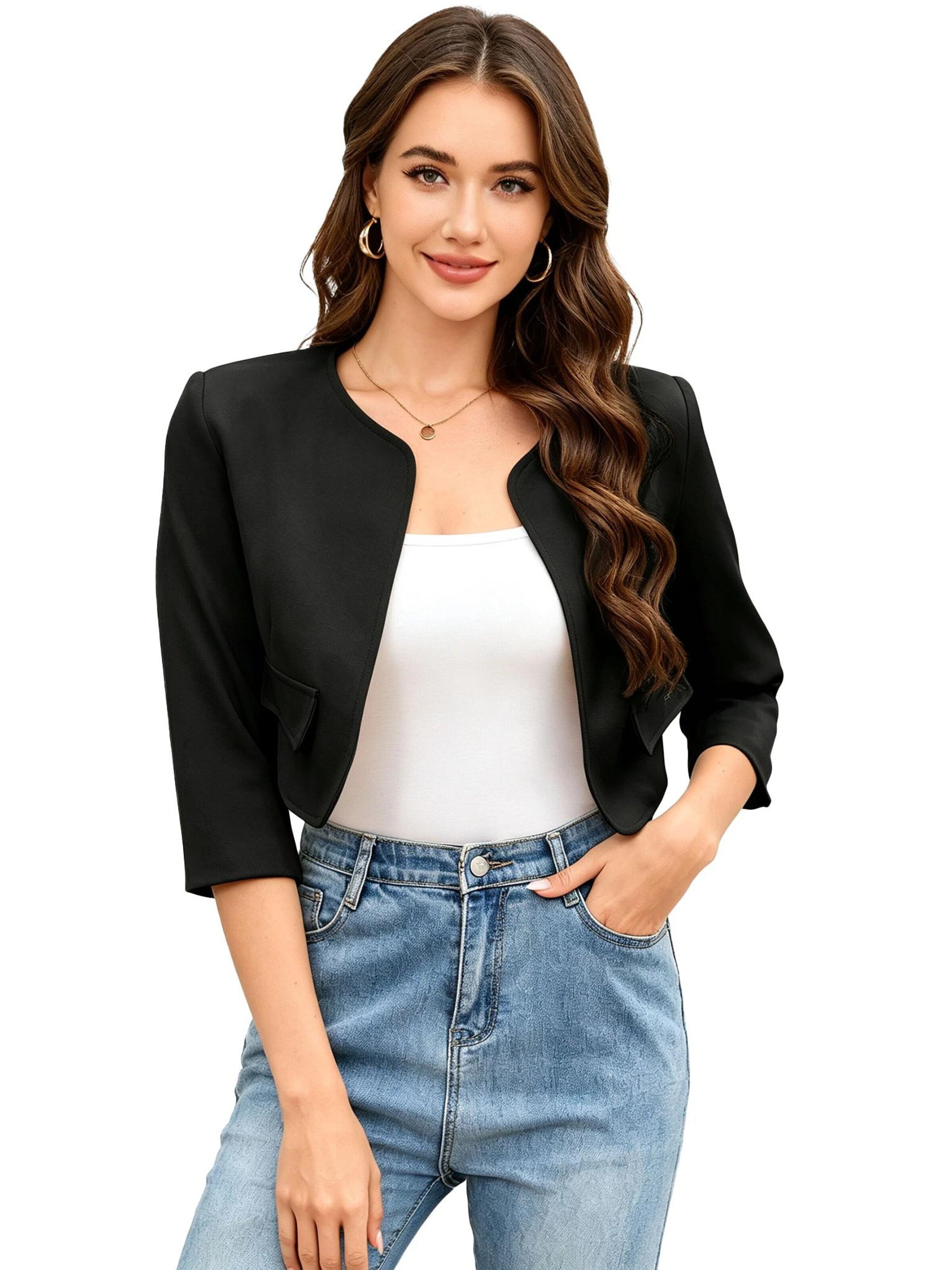 KoJooin Marynarka 'Damen Kurzblazer mit Rundhalsausschnitt, 3/4-Arm | leichte Strickjacke im gepflegten Basic-Stil' w kolorze czarny