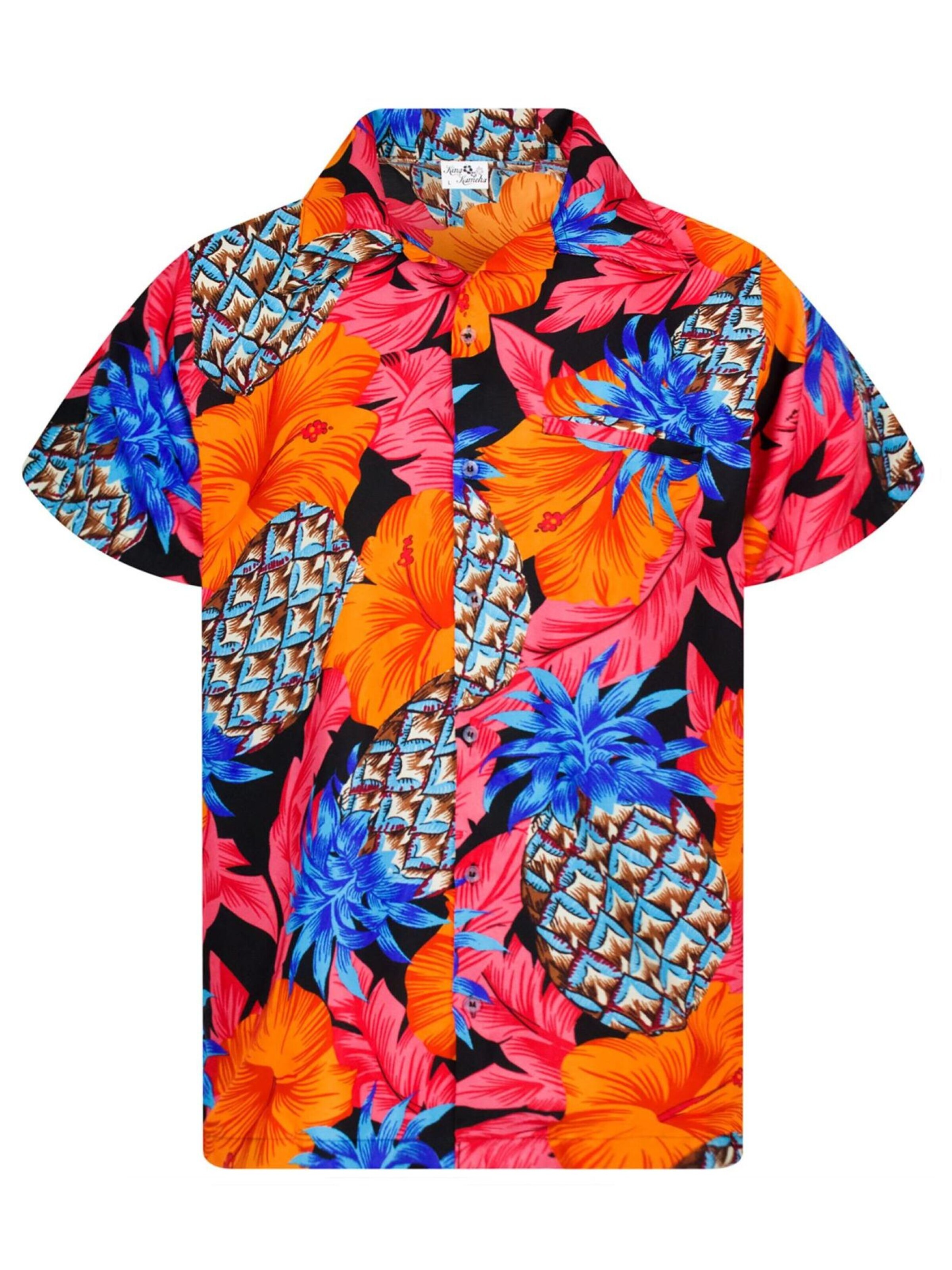 King Kameha Shirt 'Pineapple Hibiscus Black Line' in Rood: voorkant