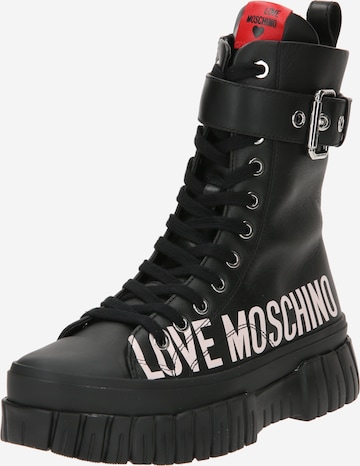Love Moschino Ankelstøvletter med snøring 'LOVELY LOVE' i svart: forside