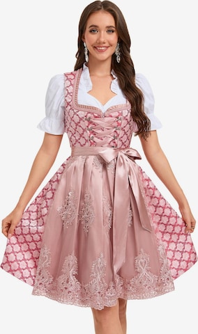 KoJooin Dirndl '3-teiliges Damen-Set für Bierfest & Party Jacquardkleid Satin-Tüll-Doppelschürze Baumwollhemd' in Pink: Vorderseite