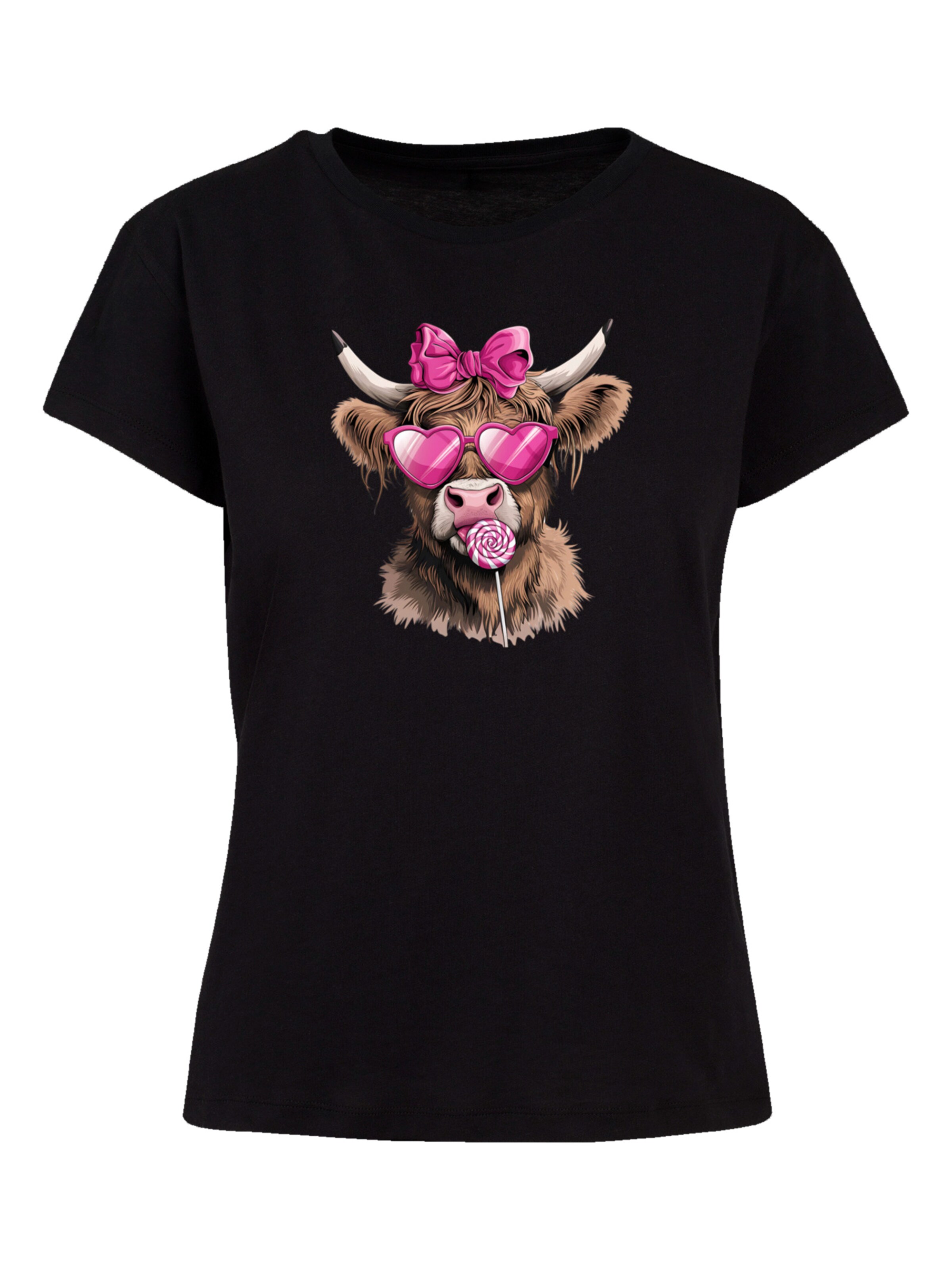 F4NT4STIC T-shirt 'Highland Cow Valentinstag Sonnenbrille' in Schwarz: Vorderseite
