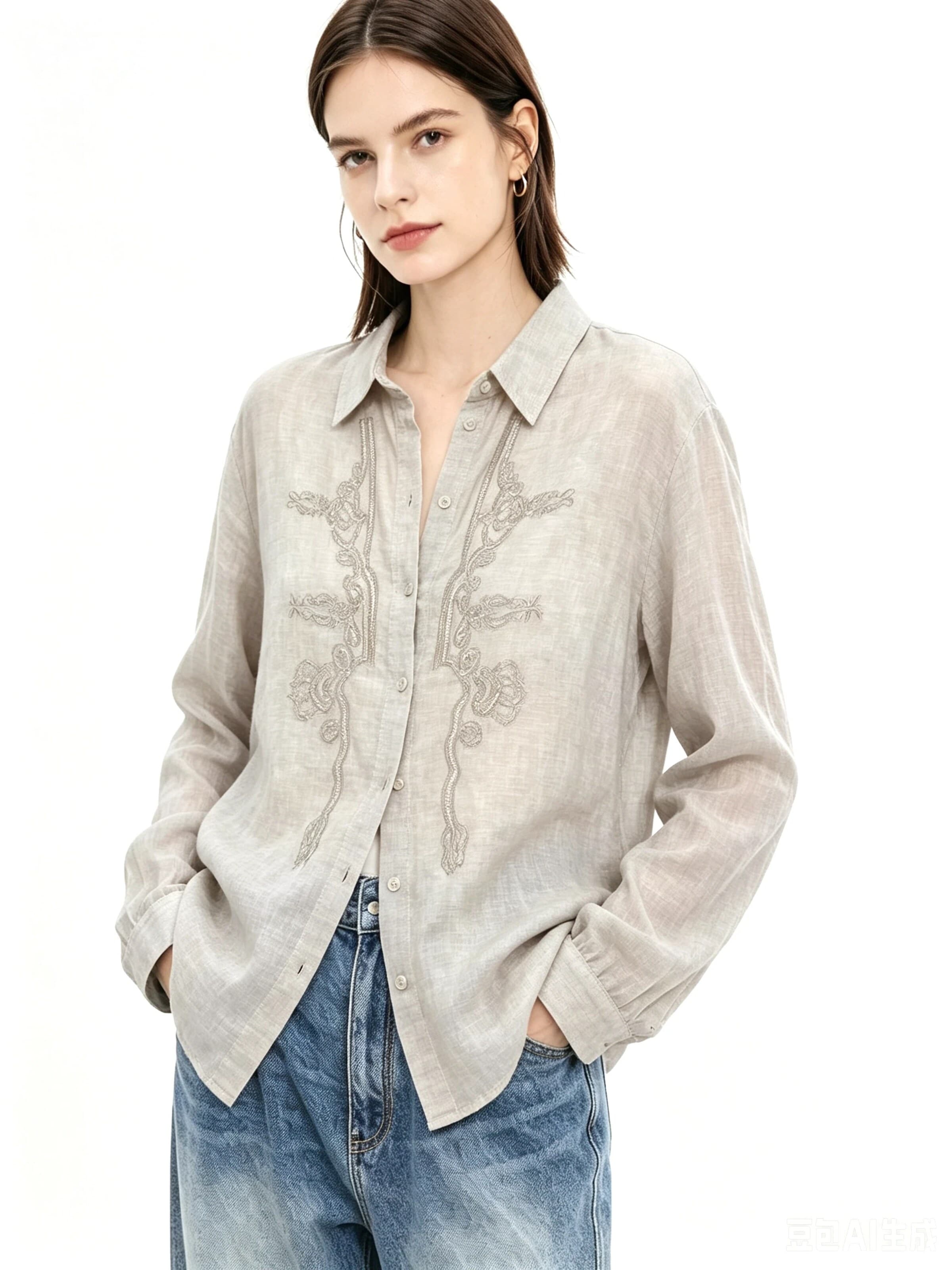 yoligex Shirts 'Oversize-Leinenbluse mit floraler Stickerei und Perlendetails' i hvid: forside