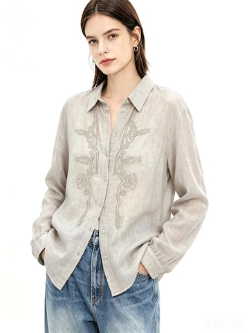 yoligex Shirt 'Oversize-Leinenbluse mit floraler Stickerei und Perlendetails'‌‌‌‌‌ in Weiß: Vorderseite