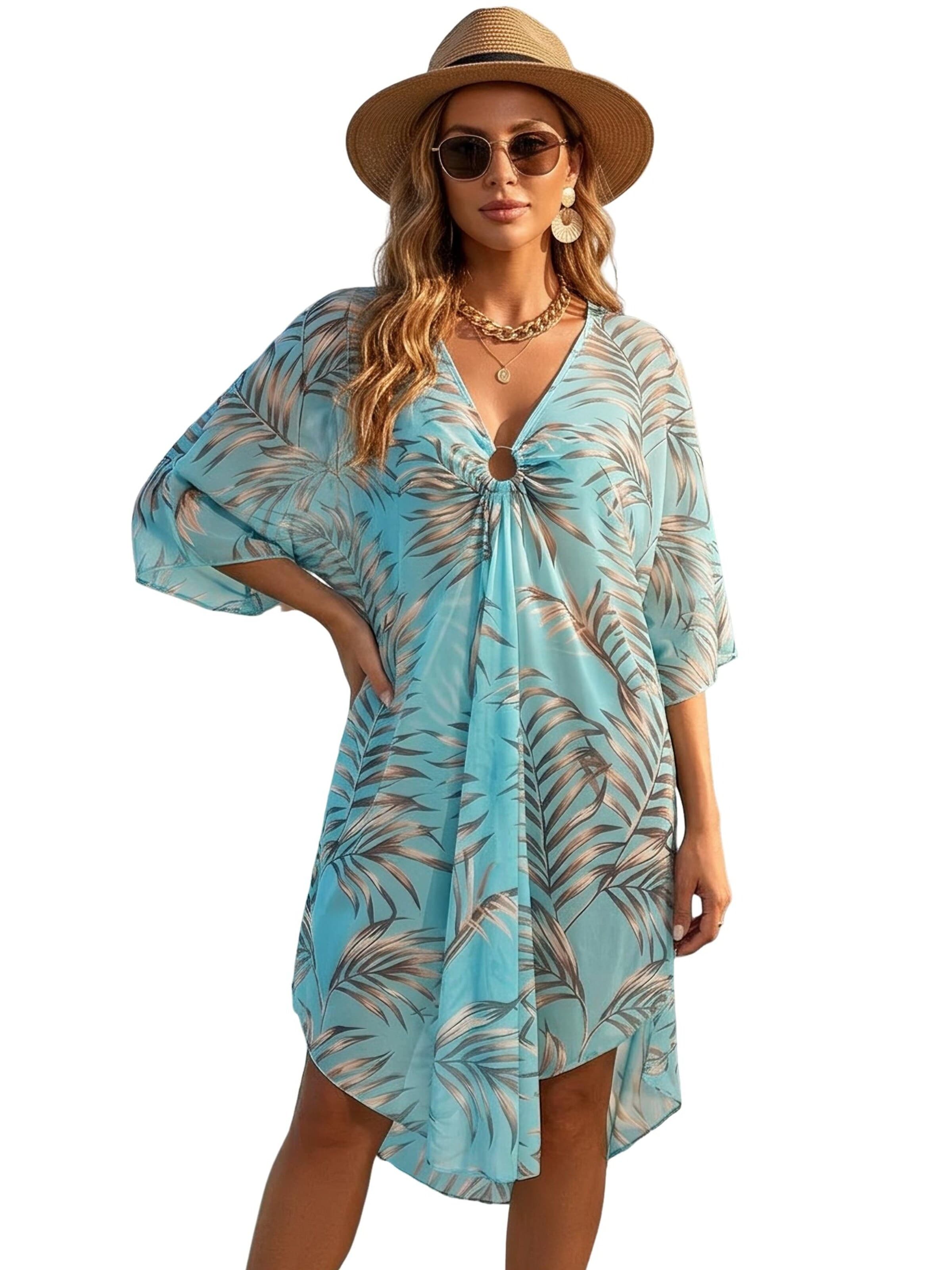 Lovolotti Sommerkleid 'Boho Leaf Print Beach Dress with V-Neck'‌‌‌‌‌‌‌‌‌ in Blau: Vorderseite