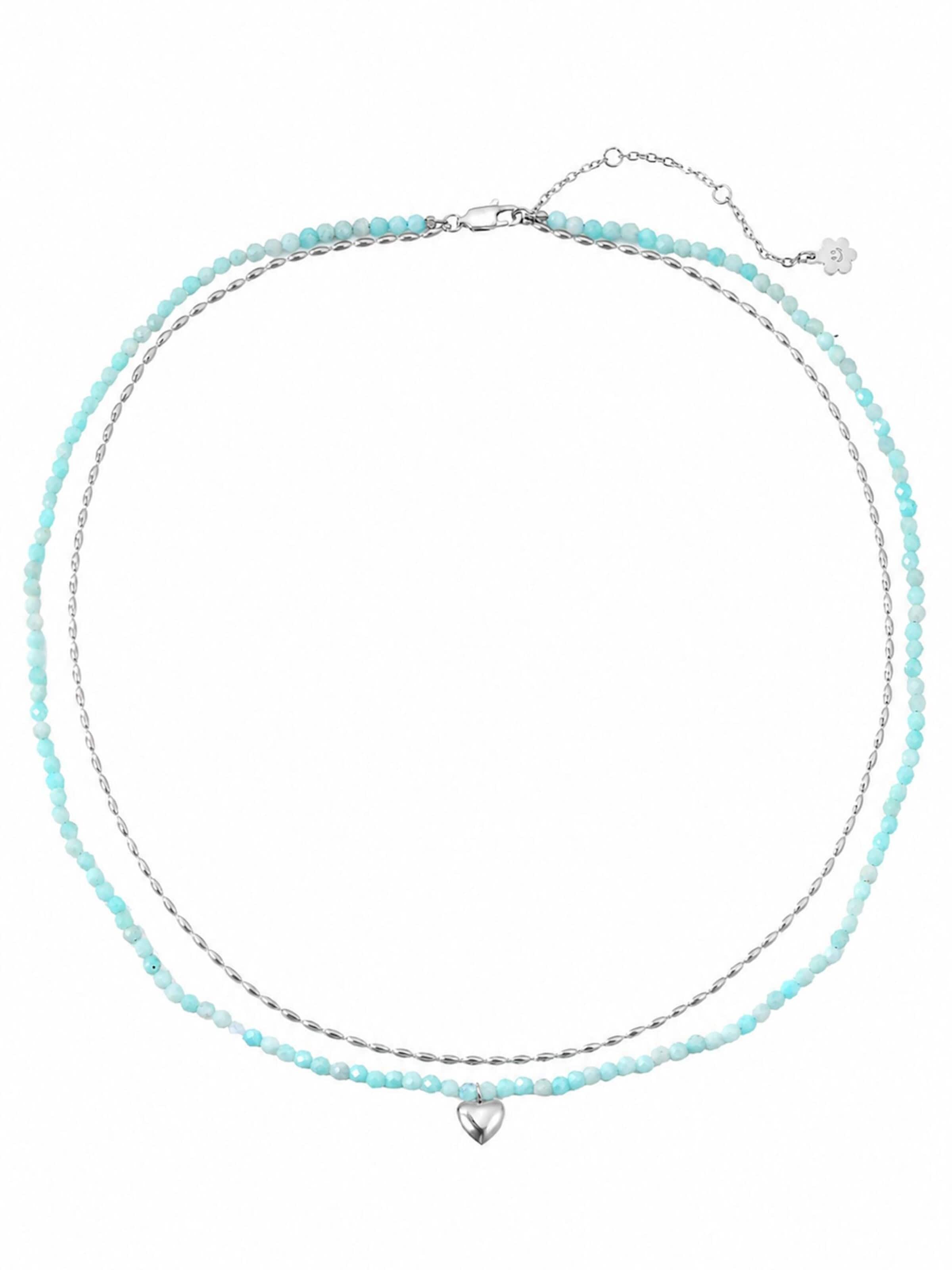 Hey Happiness - Cadena 'Aquamarine Heart Charm Layered Bead' en plata: frente