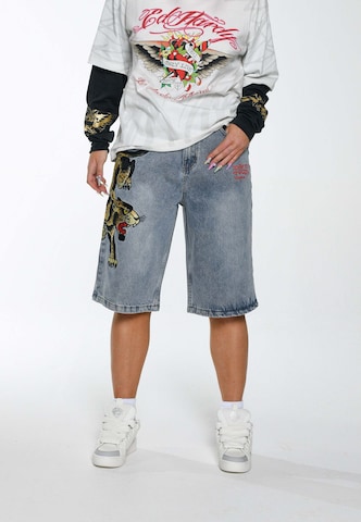 Ed Hardy Loosefit Shorts 'Panther Crawl' in Blau: Vorderseite
