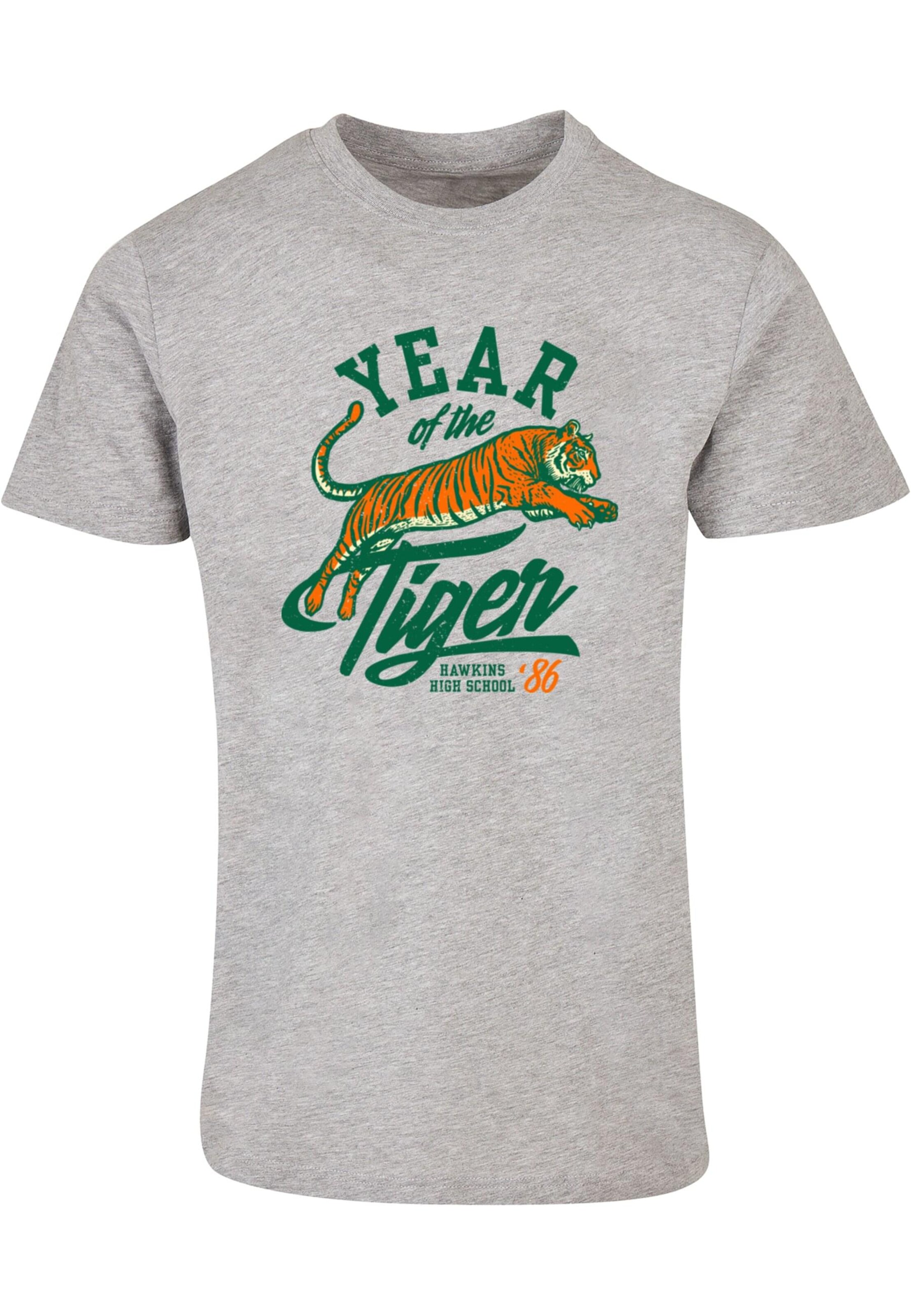 ABSOLUTE CULT Shirt 'Stranger Things - Hawkins Year of The Tiger 86' in Grijs: voorkant