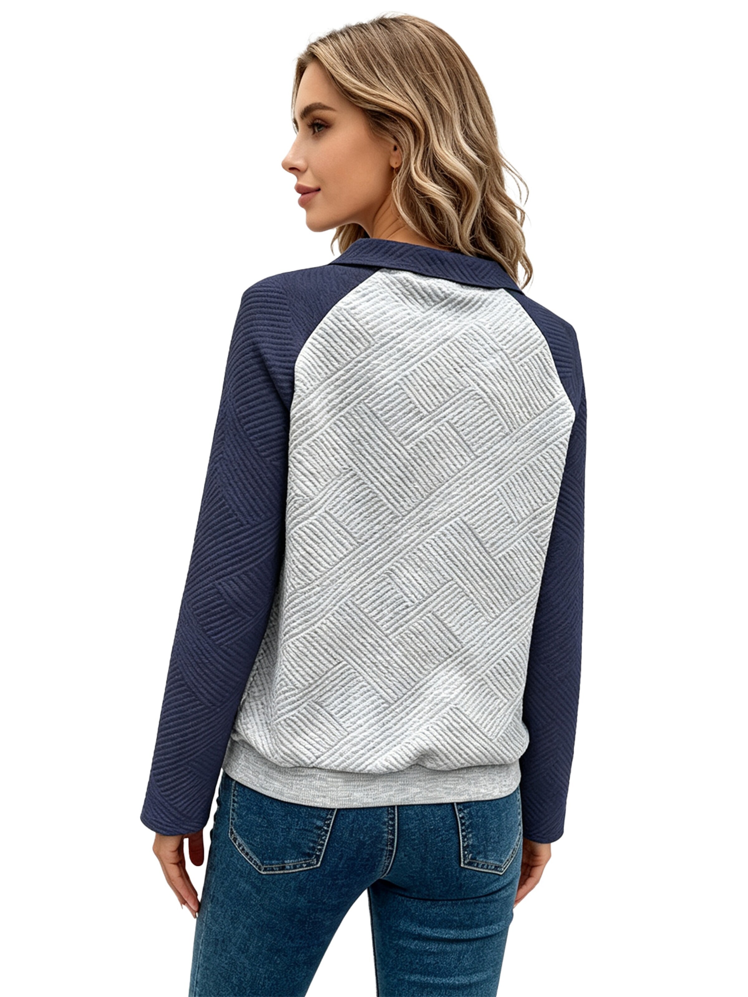KoJooin Bluzka 'Damen Langarm Pullover mit Polo-Kragen im Colorblock-Design – Lässiger und schlichter Freizeitstyle' w kolorze niebieski