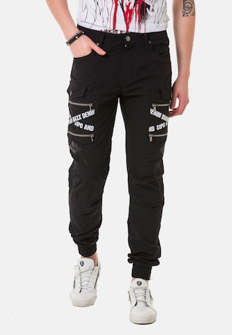 CIPO & BAXX Tapered Cargo Pants in Black: front