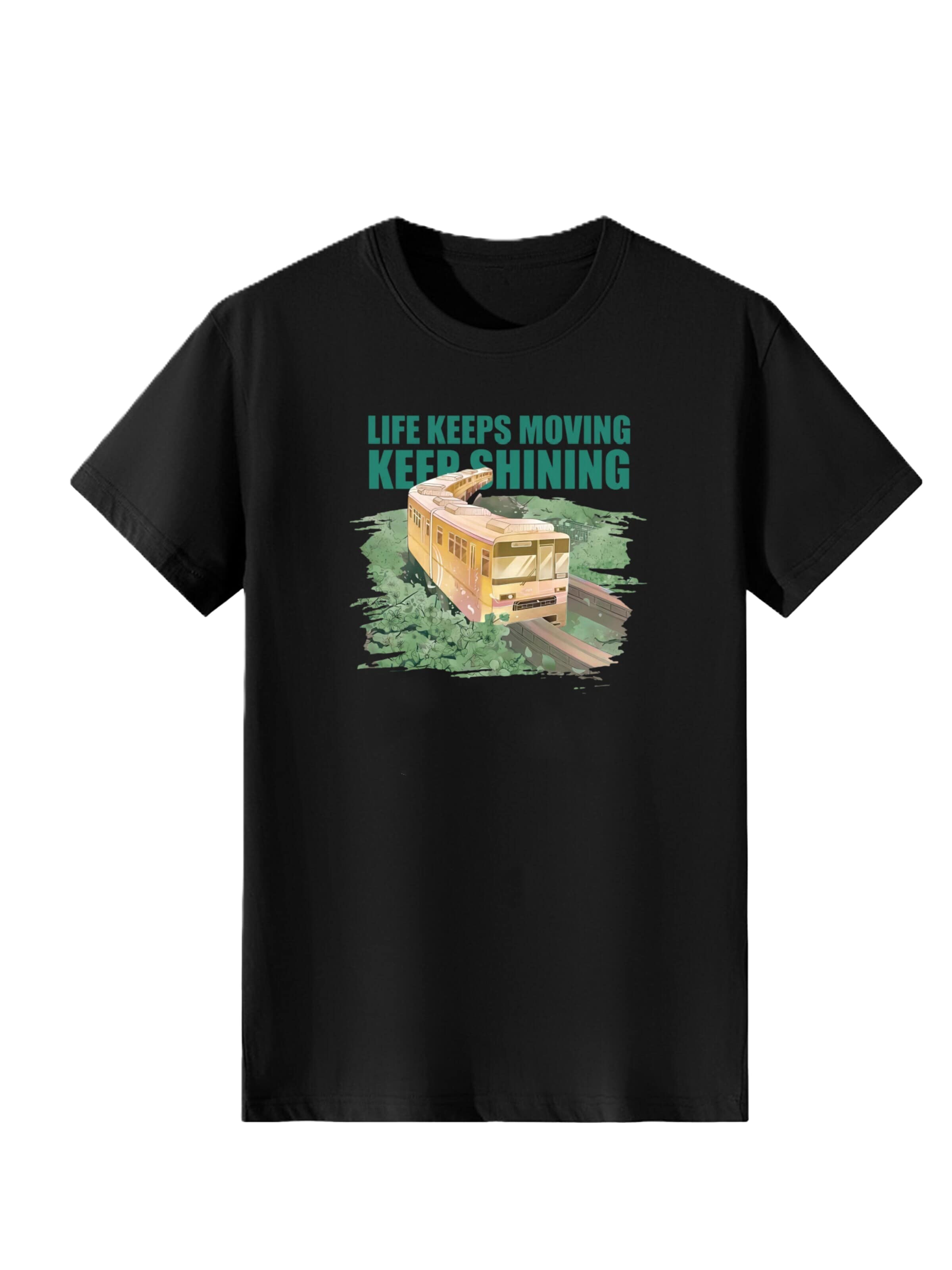 T-shirt 'Women Healing Forest Tram LIFE KEEPS MOVING Print T-Shirt' LapaPlus en noir : devant