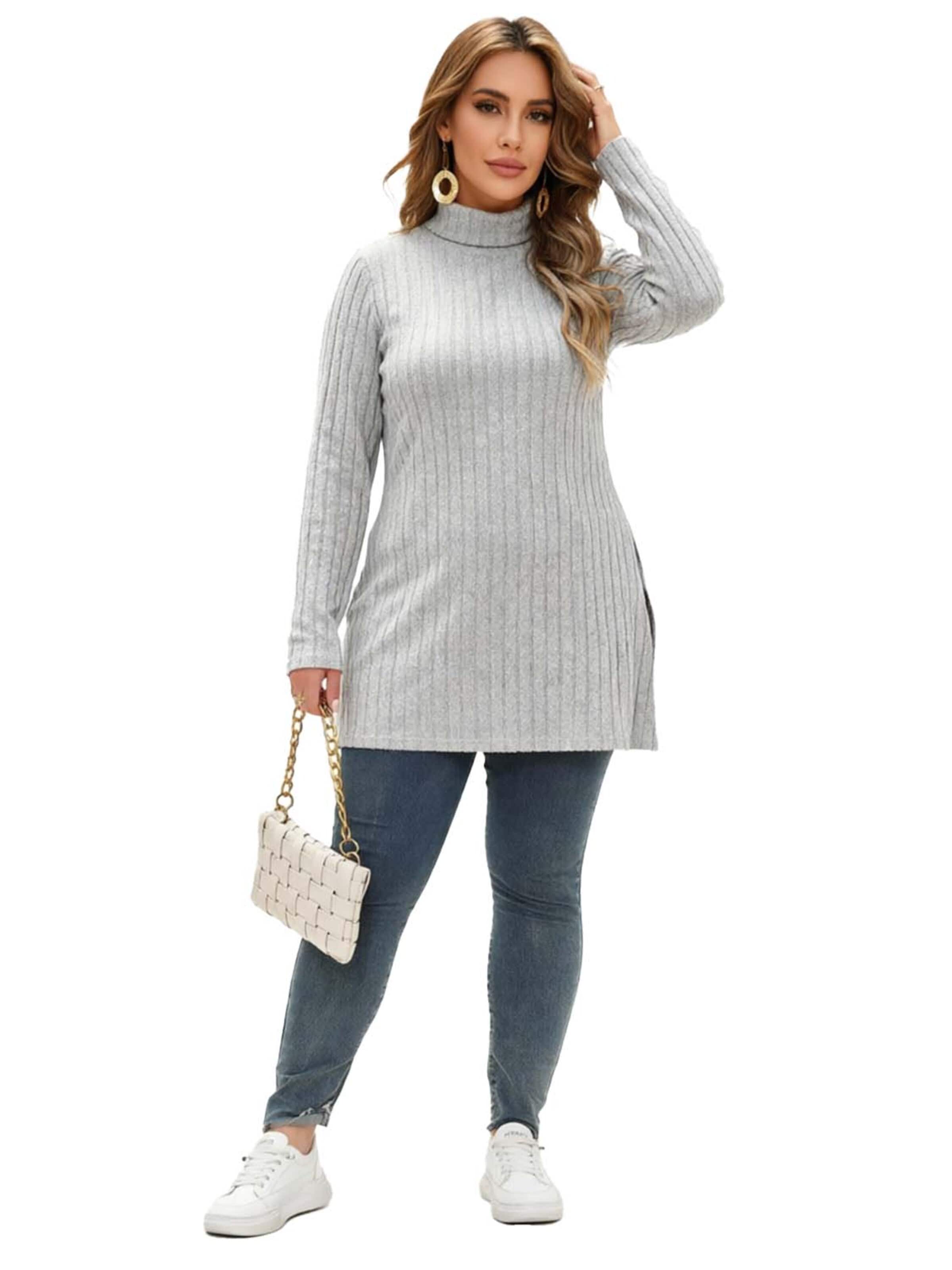 KoJooin Blouse 'Damen Plus Size Tailliertes Longsleeve mit Stehkragen, Rippstruktur und Seitenschlitzen Basic-Shirt' in XXXL in Grey, Item view