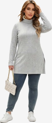 KoJooin Bluzka 'Damen Plus Size Tailliertes Longsleeve mit Stehkragen, Rippstruktur und Seitenschlitzen Basic-Shirt' w kolorze szary: przód