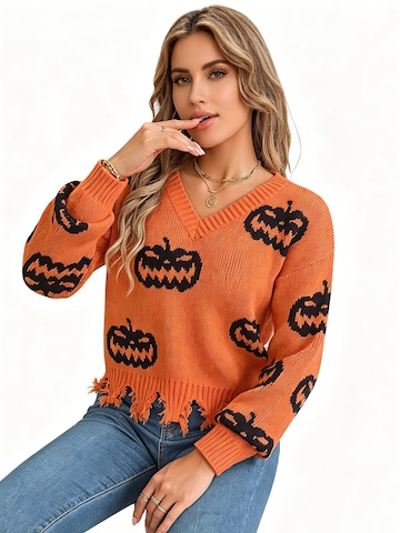 KoJooin Pullover 'Damen V-Ausschnitt Pullover mit Halloween-Kürbis-Motiv Farbkontrast,gestrickter Langarm-Pullover'‌‌‌‌‌‌‌‌‌ in Orange
