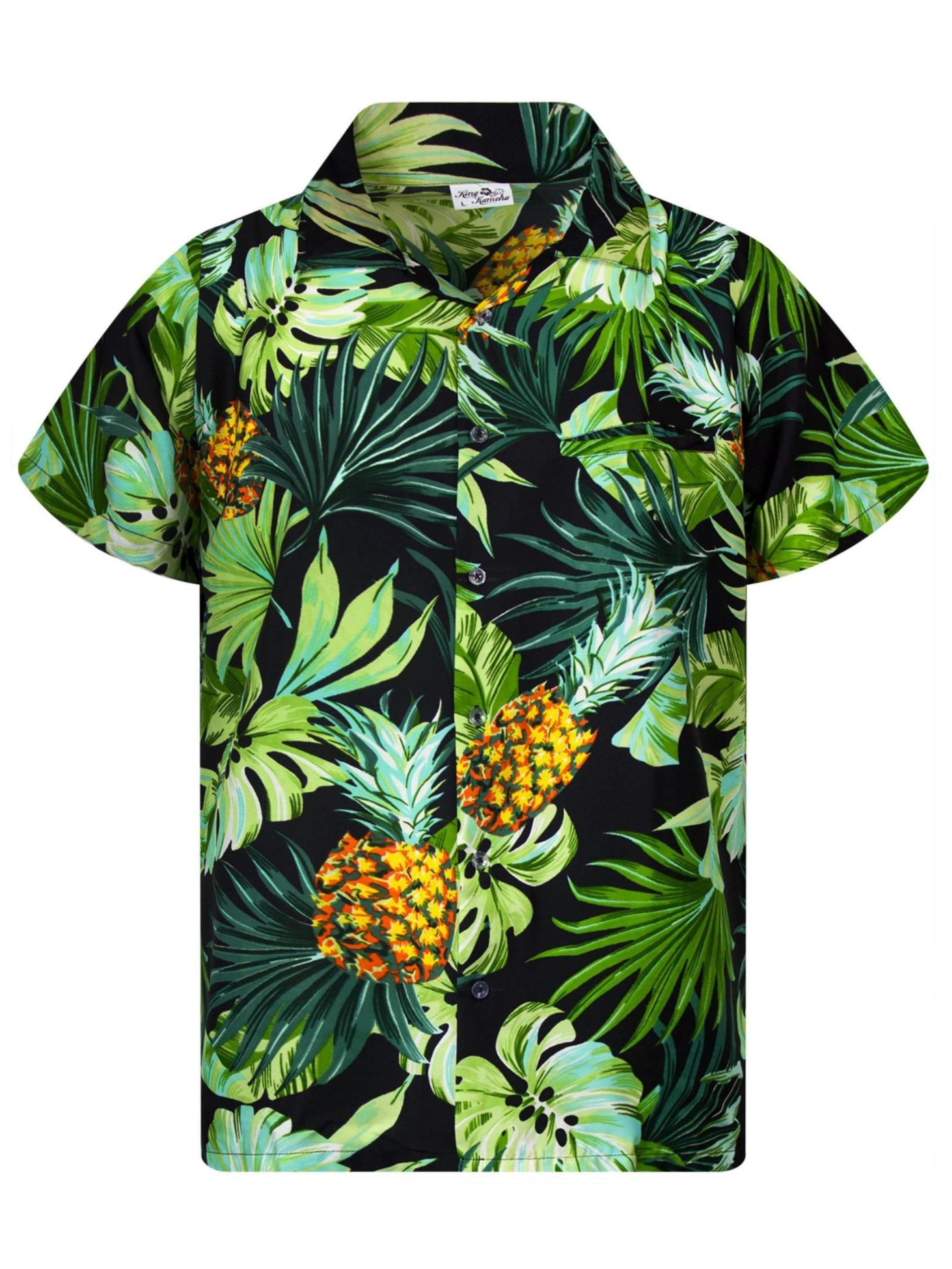 King Kameha Regular fit Button Up Shirt 'Pineapple Leaves' in Black: front
