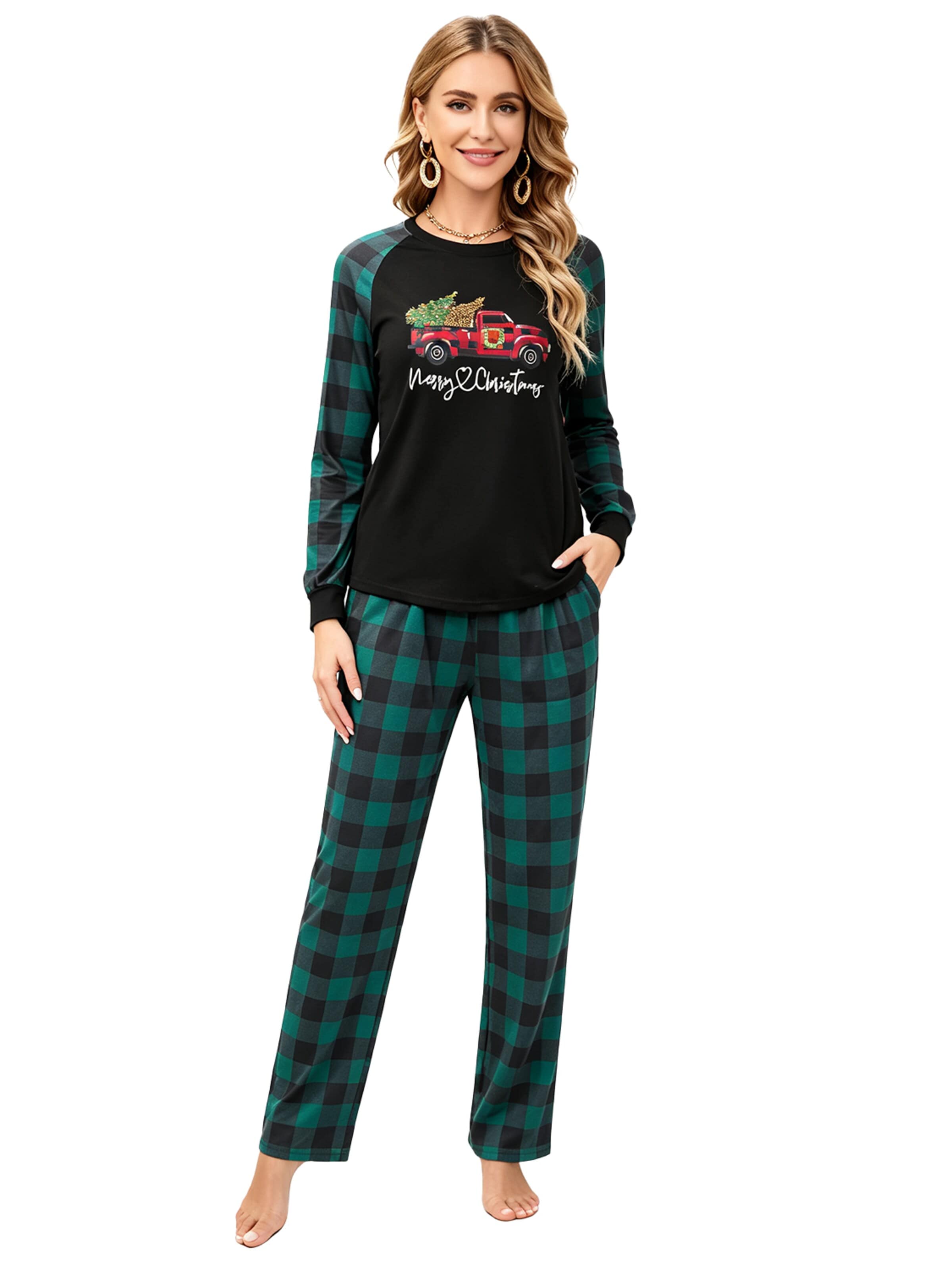 KoJooin Piżama 'Damen Weihnachts-Pyjama-Set im Karomuster Klassische,Langärmelige Loungewear zum Familien-Matching' w kolorze zielony