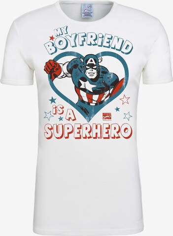 LOGOSHIRT Shirt 'Marvel - My Boyfriend Is A Superhero' in Wit: voorkant