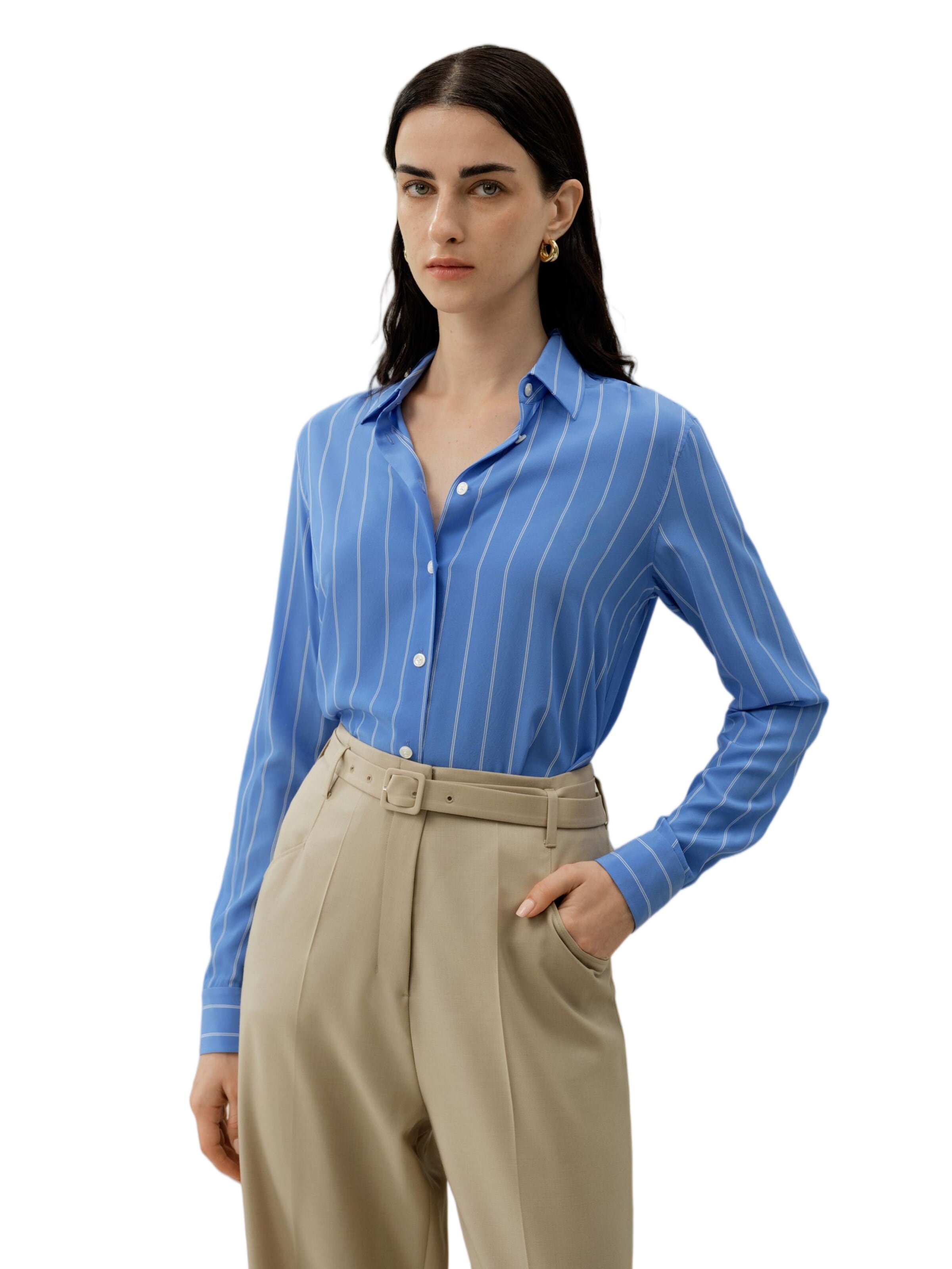 Lilysilk Blouse 'Amalfi Gestreiftes Seidenhemd' in Blauw