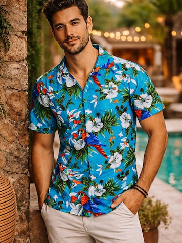 King Kameha Shirt 'Cherryparrot' in Blauw: voorkant