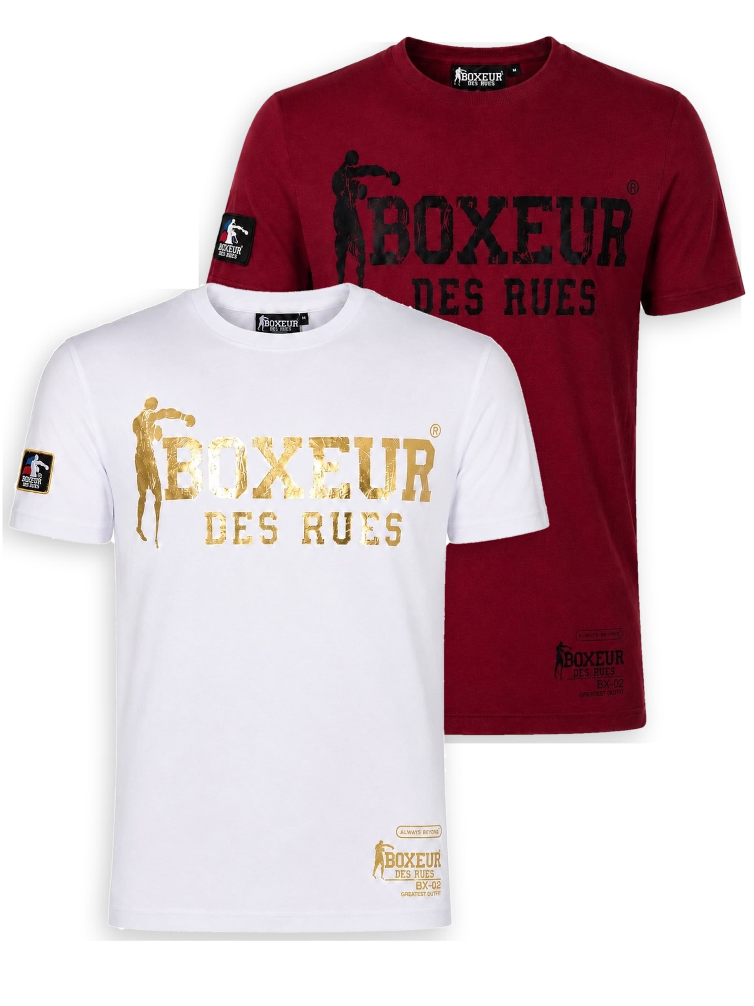 Boxeur des Rues - Camiseta 'Herren T-Shirt 2er-Pack Boxeur des Rues Slim Fit: Weiß, Goldenes Logo + Bordeaux, Schwarzes Logo' en Mezcla de colores: frente