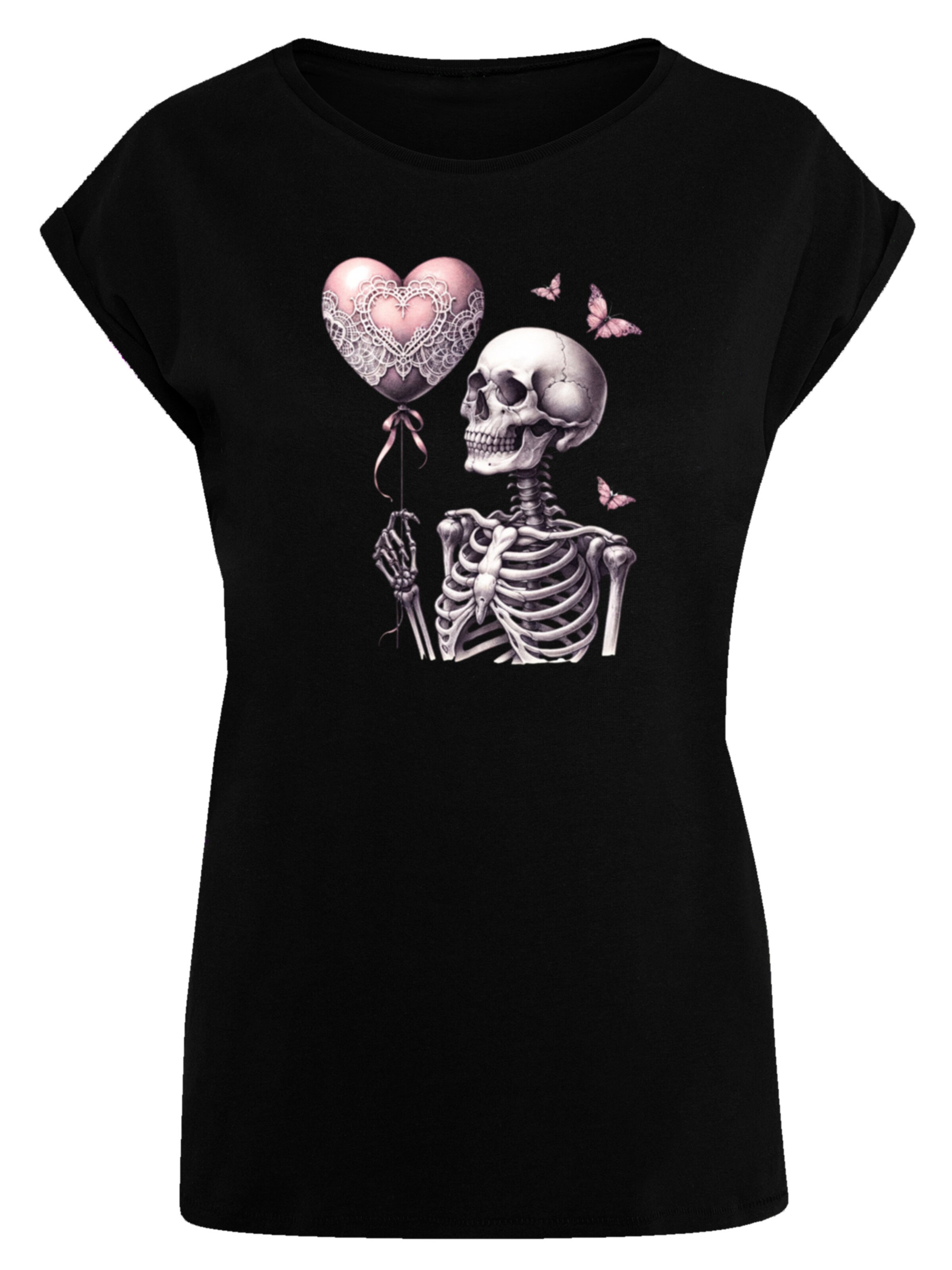 F4NT4STIC Shirt 'Skelett hält Herzballon' in Zwart: voorkant