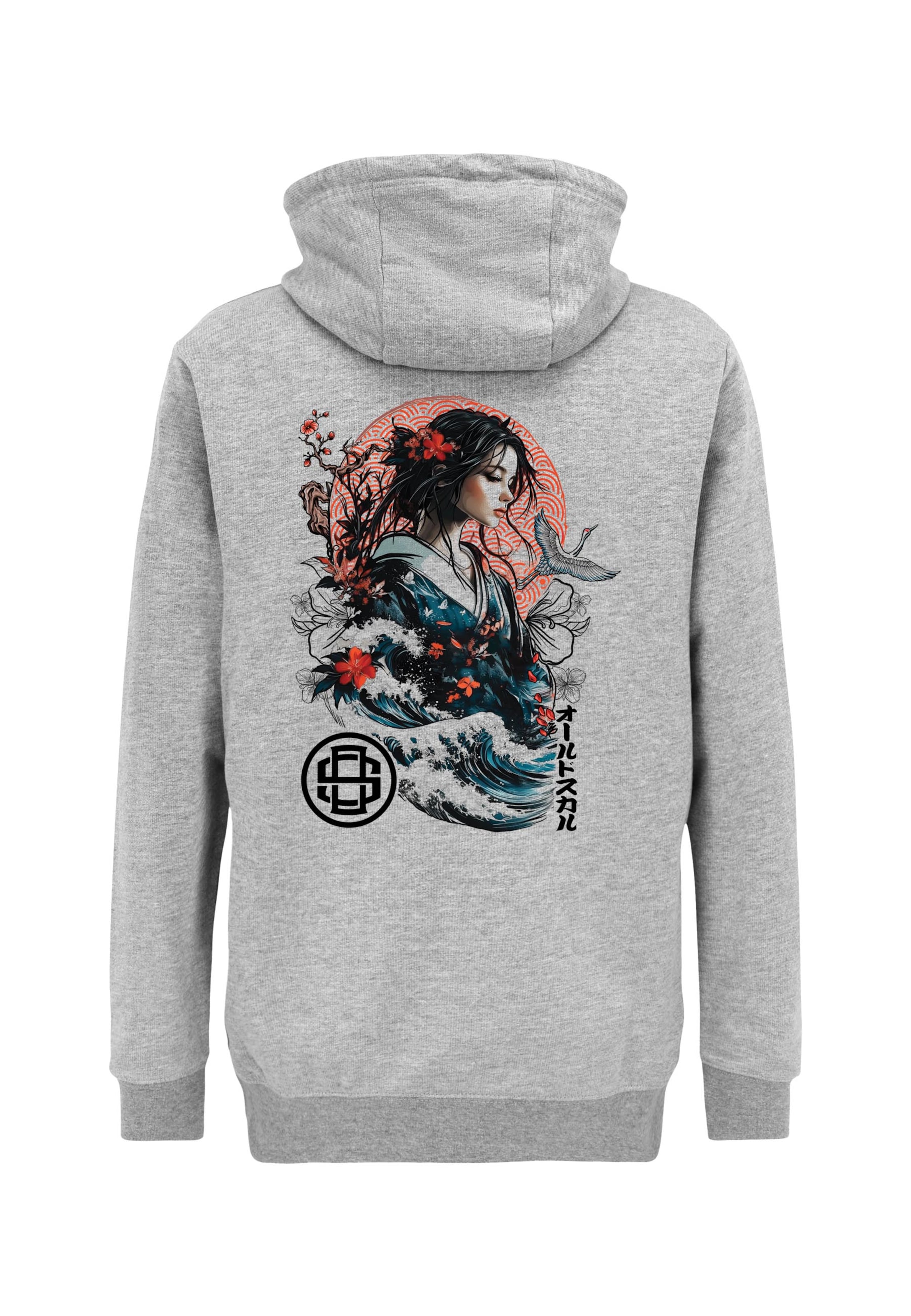 Oldskull Hoodie 'Asian Blossom Queen Logo' in Grau: Vorderseite